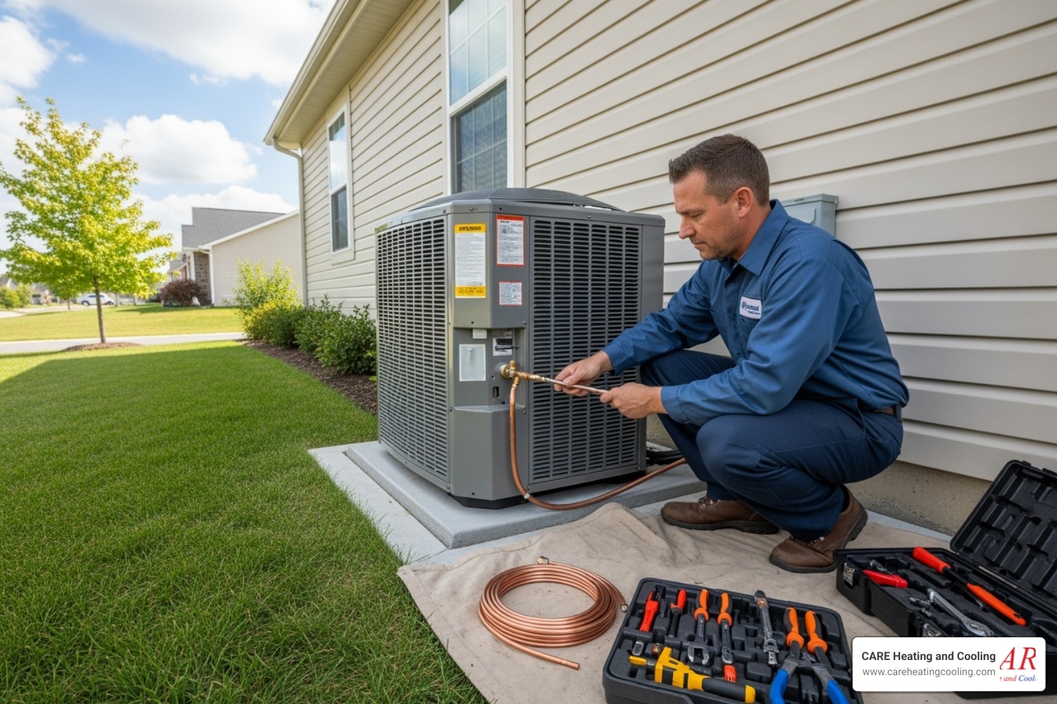 of a professional technician carefully installing an outdoor condenser unit - ac installation near gahanna of a professional technician carefully installing an outdoor condenser unit - ac installation near gahanna