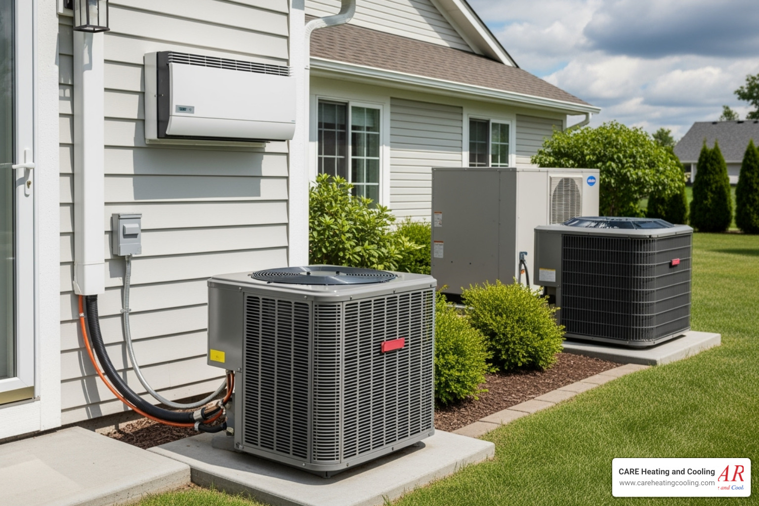 showing different types of AC systems like a central unit, a ductless mini-split on a wall, and a heat pump - ac installation near gahanna showing different types of AC systems like a central unit, a ductless mini-split on a wall, and a heat pump - ac installation near gahanna