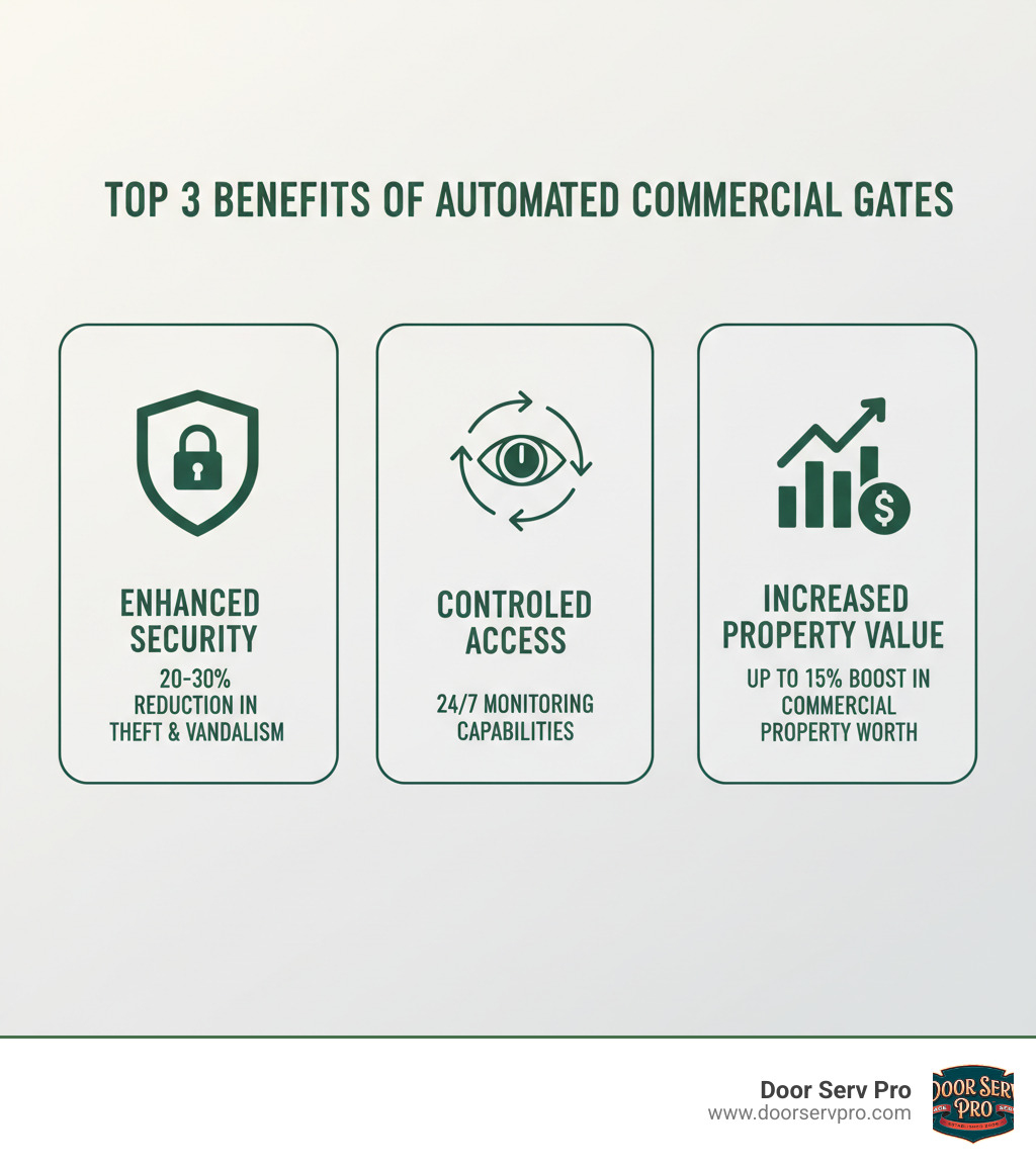 Infographic showing the top 3 benefits of automated commercial gates: Improved Security with 20-30% reduction in theft and vandalism, Controlled Access with 24/7 monitoring capabilities, and Increased Property Value with up to 15% boost in commercial property worth - commercial gate system installation hagerstown md infographic 