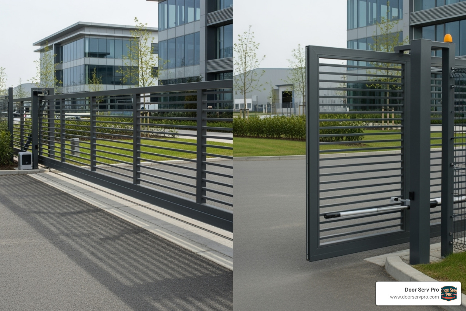 side-by-side comparison of a sliding gate and a swing gate - commercial gate system installation hagerstown md