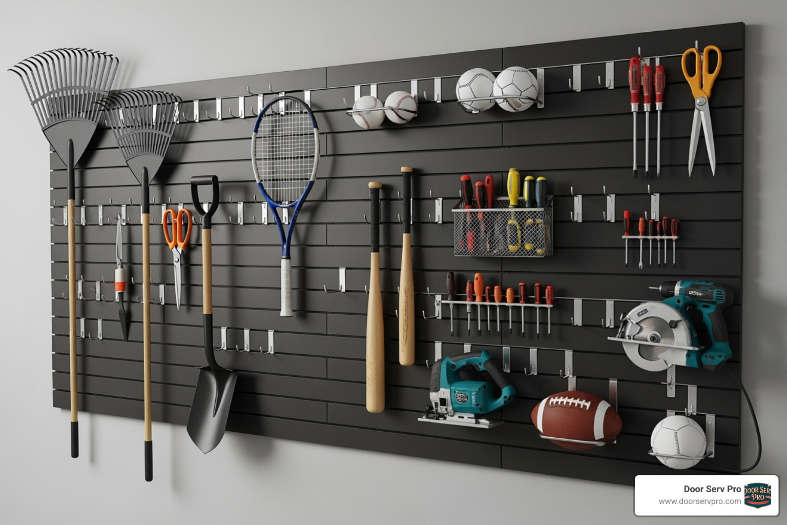 A slatwall system with various hooks holding garden tools, sports equipment, and power tools - garage organization solutions fort loudon wv