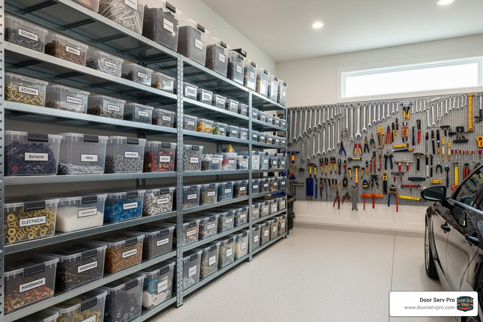 Clearly labeled bins on shelves and tools hung on a wall, away from the floor - garage organization solutions fort loudon wv