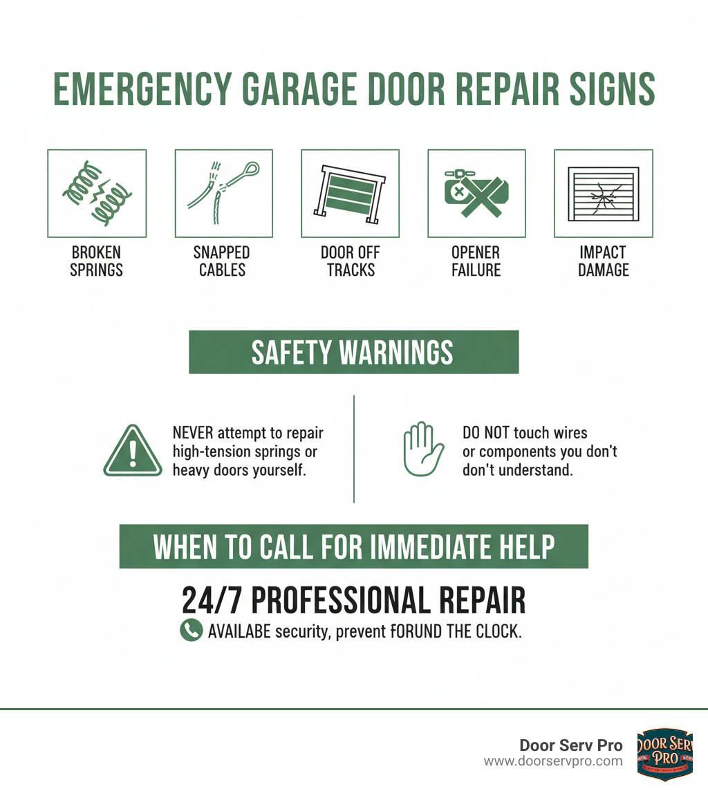 Emergency garage door repair signs infographic showing broken springs, snapped cables, door off tracks, opener motor failure, and impact damage with safety warnings and when to call for immediate help - 24/7 garage door repair inwood wv infographic 