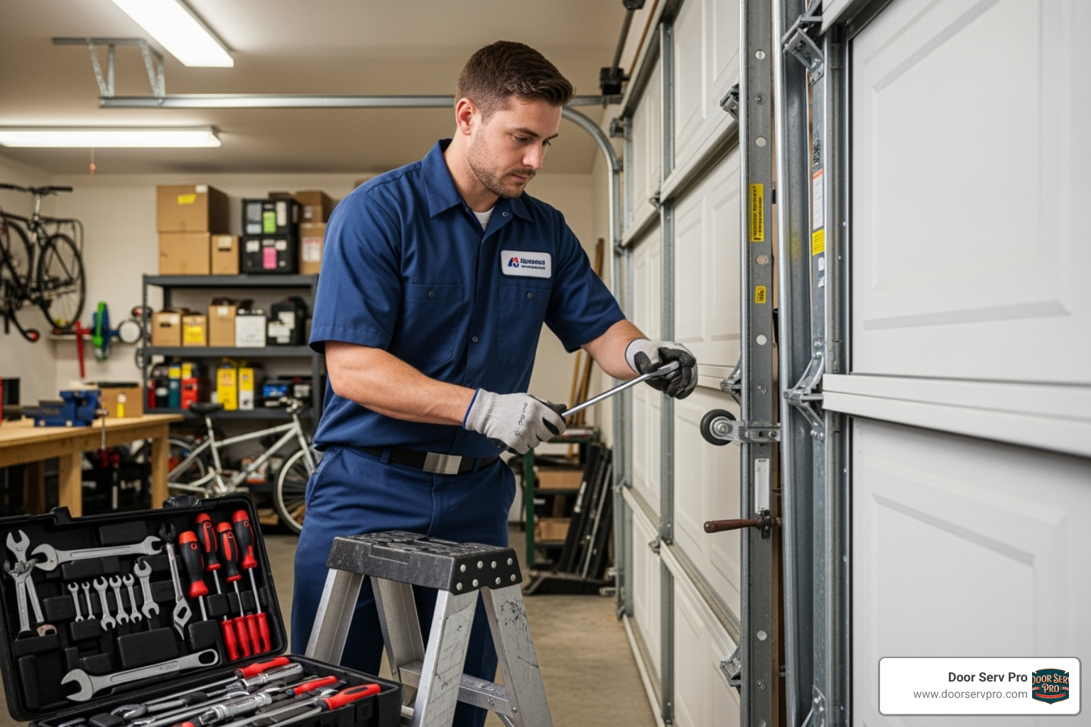 technician repairing a garage door that is off its tracks - 24/7 garage door repair inwood wv