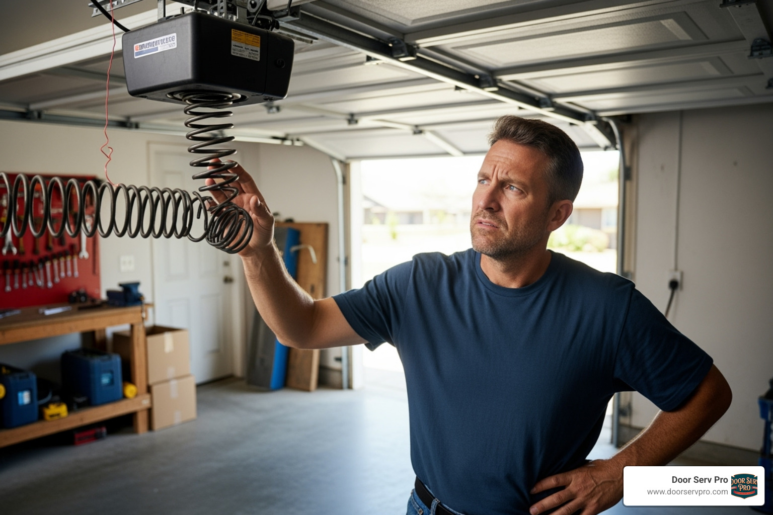 homeowner looking at a broken garage door spring - 24/7 garage door repair inwood wv