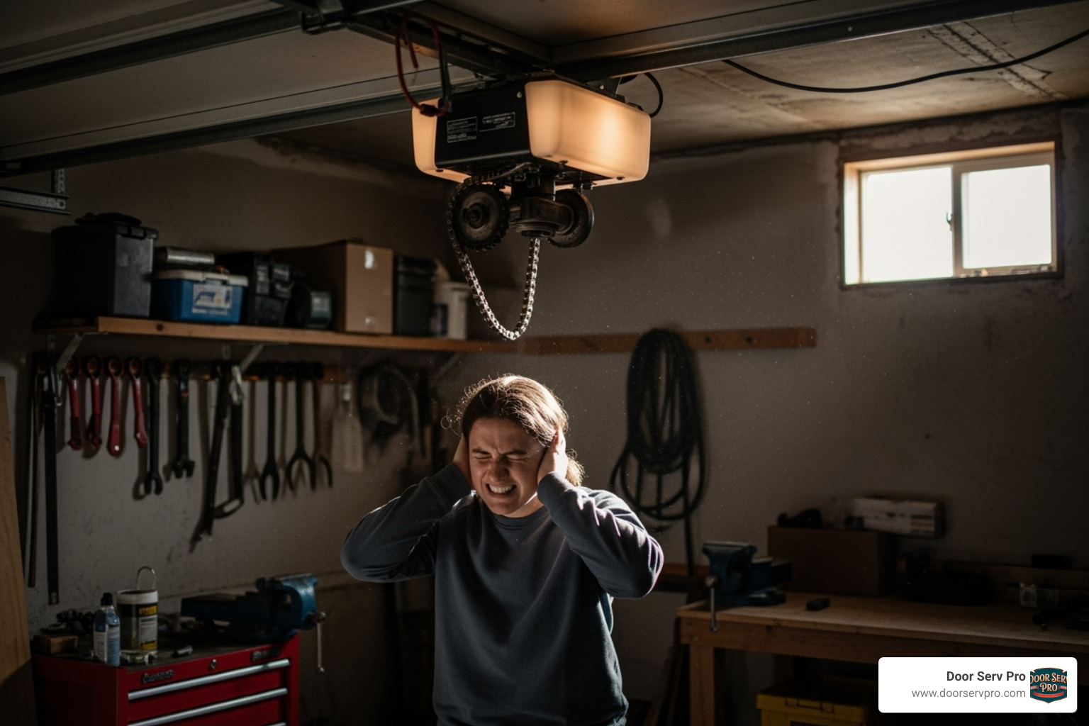 a person wincing at a loud, old garage door opener - quiet opener installation winchester va