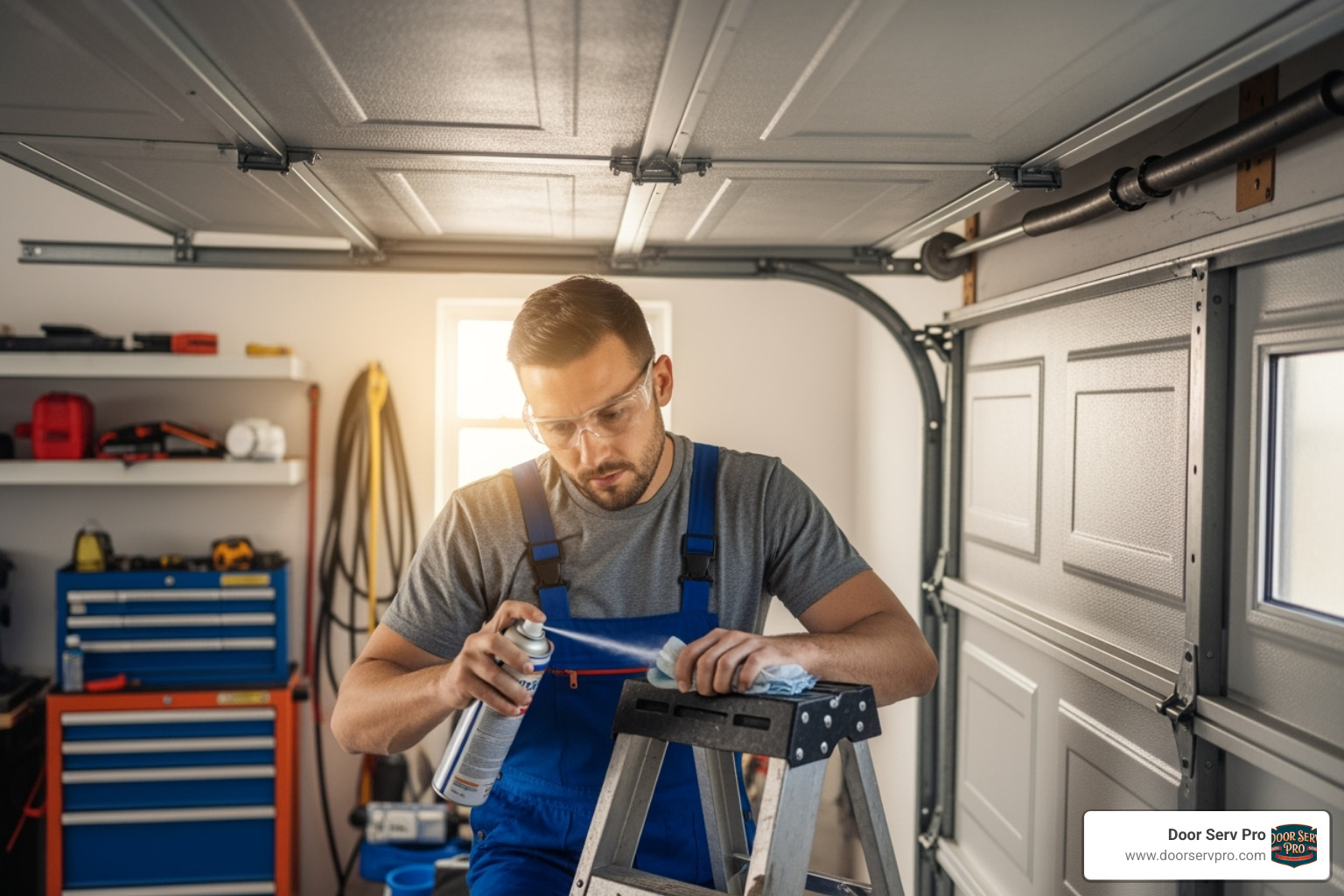 a technician lubricating the moving parts of a garage door - quiet opener installation winchester va
