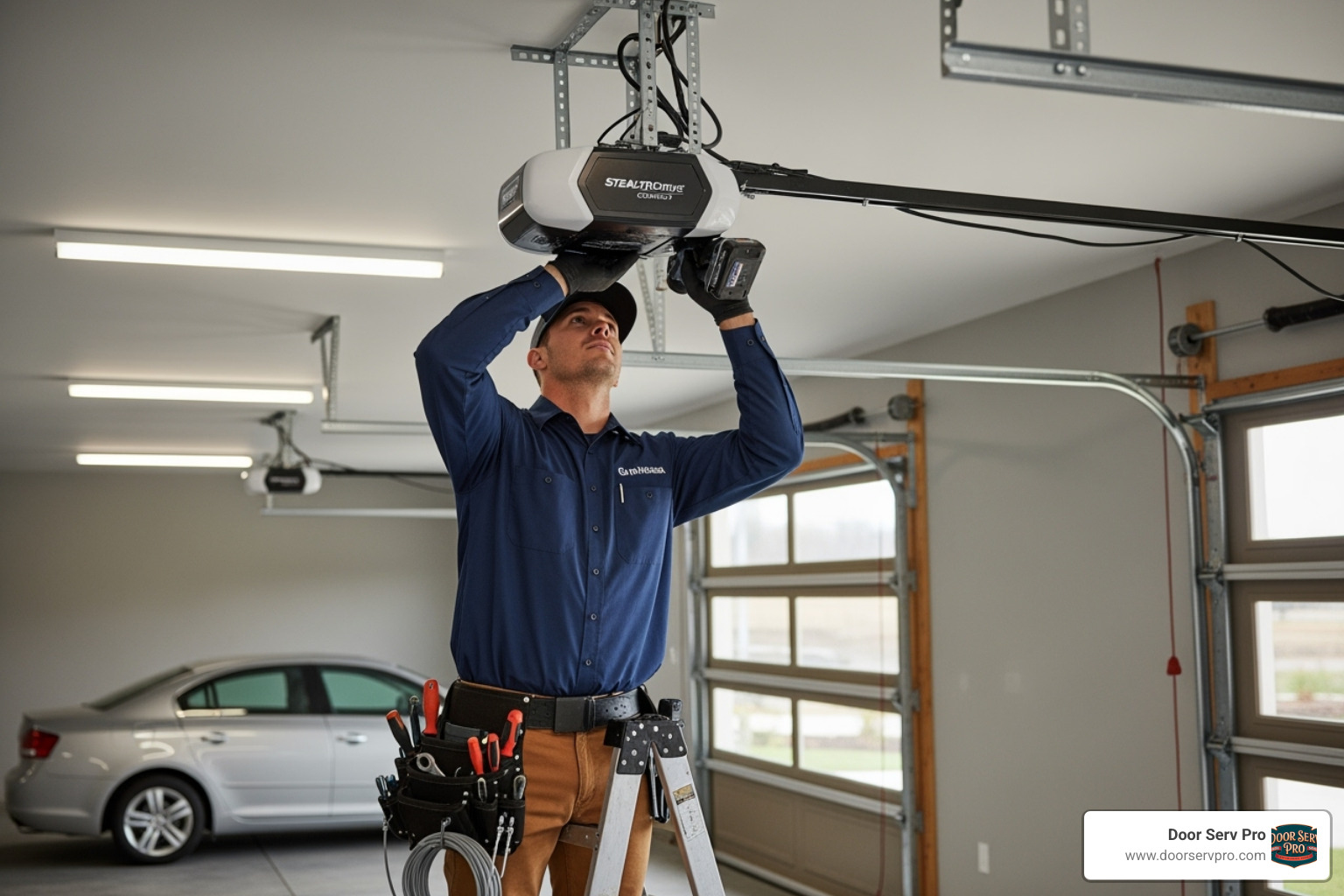 a technician carefully installing a new, quiet garage door opener - quiet opener installation winchester va