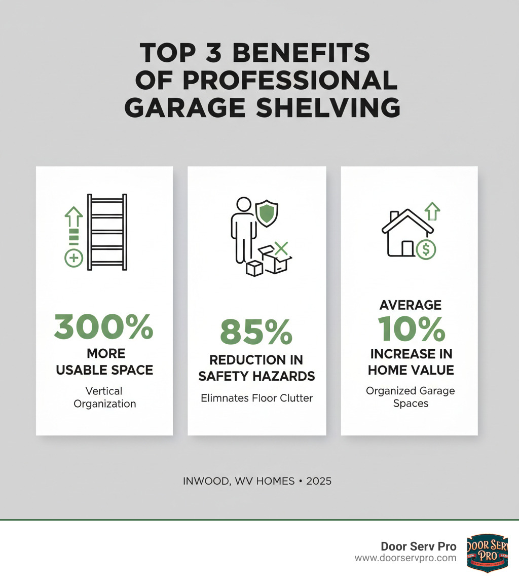 Infographic showing the top 3 benefits of professional garage shelving installation: 300% more usable storage space through vertical organization, 85% reduction in safety hazards by eliminating floor clutter, and average 10% increase in home resale value from organized garage spaces - garage shelving installation inwood wv infographic 