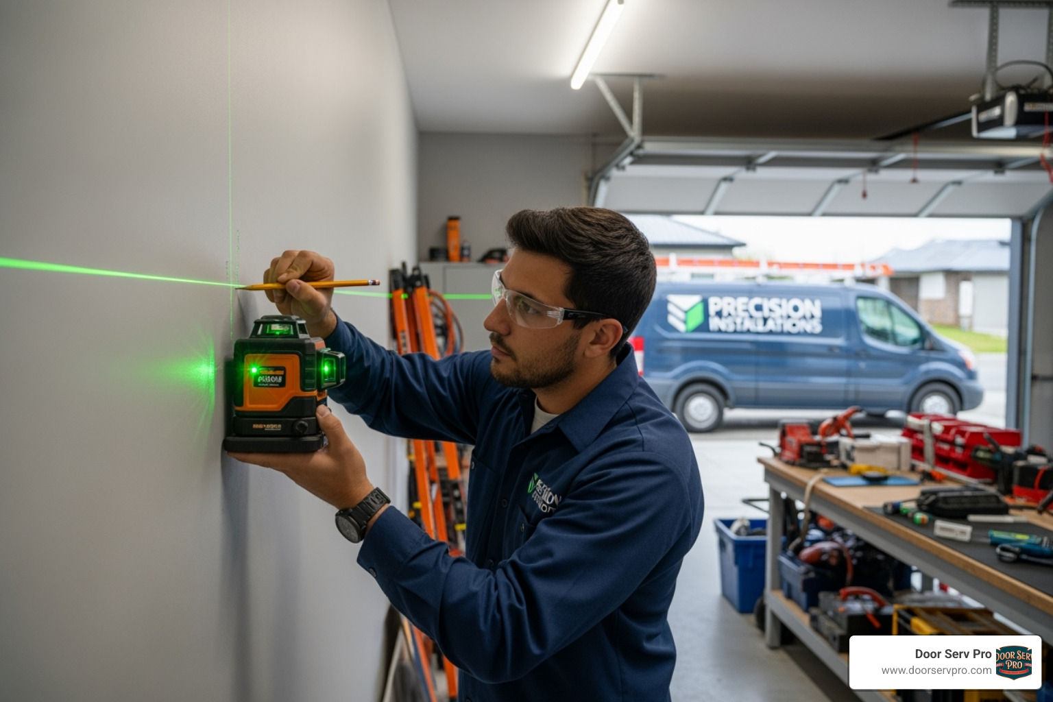 uniformed professional installer using a laser level - garage shelving installation inwood wv