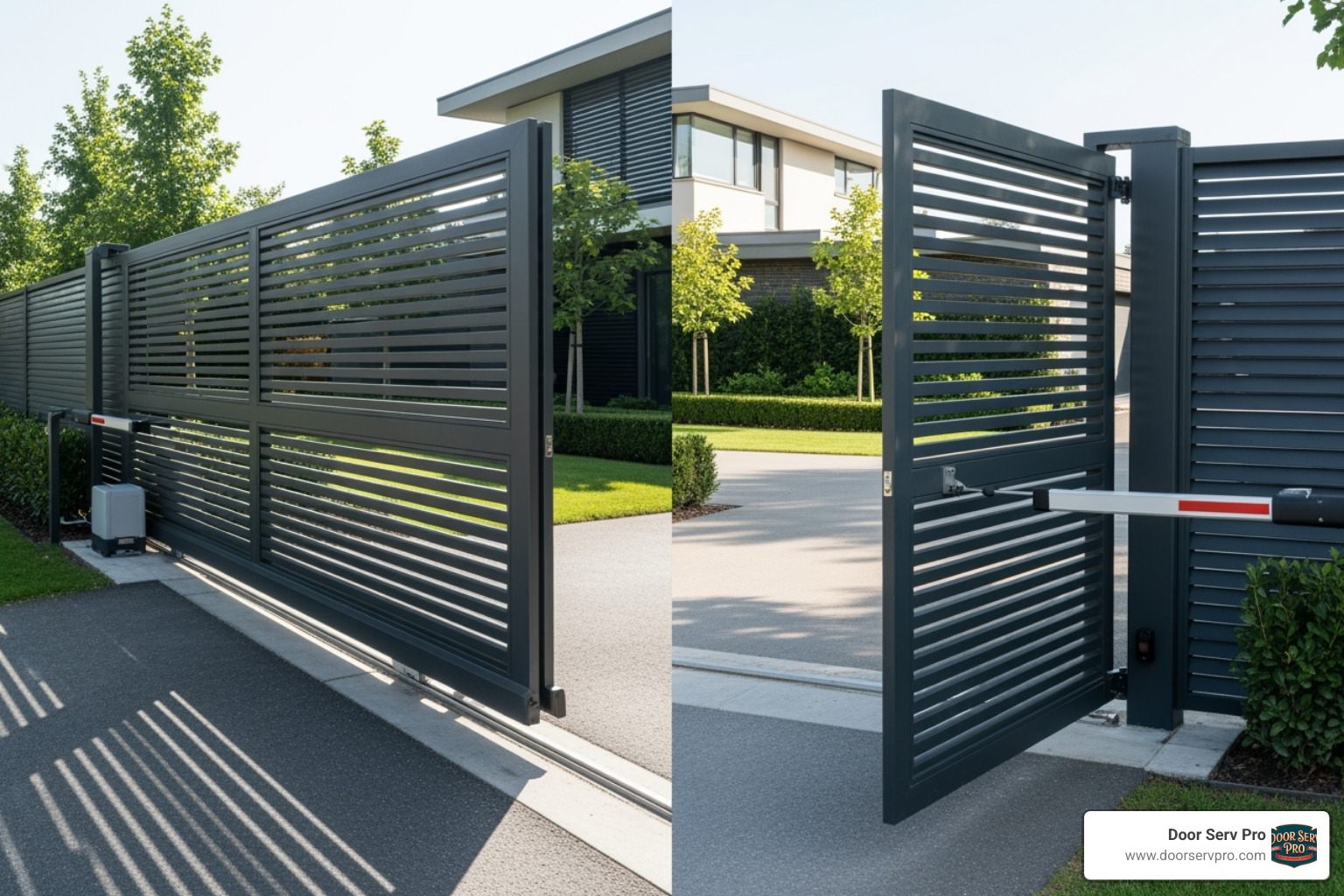 A visual comparison illustrating the operational differences between a sliding gate and a swing gate, showing the horizontal movement of a sliding gate along a fence line and the arc of movement for a swinging gate. - automatic gate repair winchester va