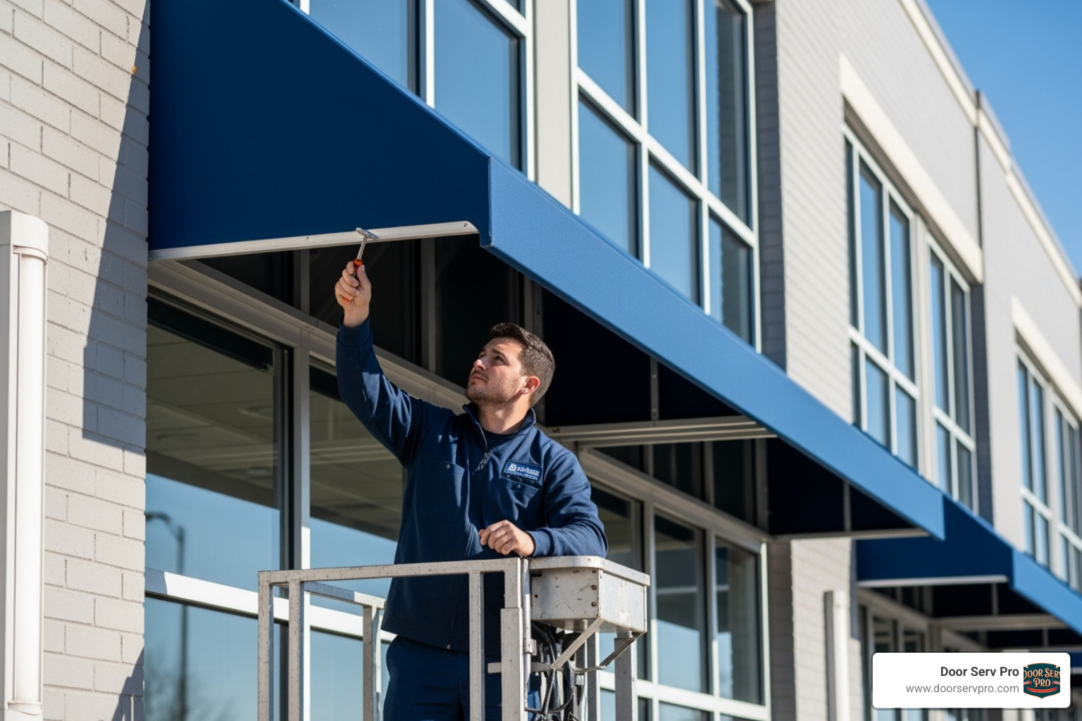 professional installer making final adjustments - commercial awning installation chambersburg pa