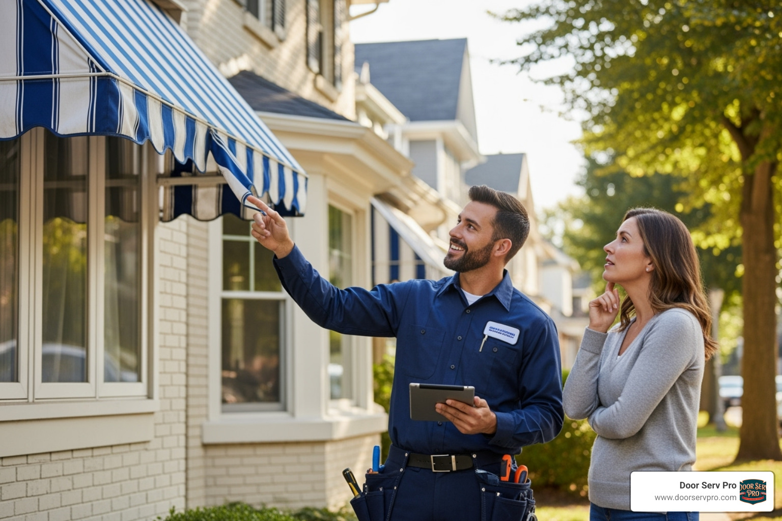 Friendly, uniformed technician discussing a repair with a homeowner - awning repair winchester va