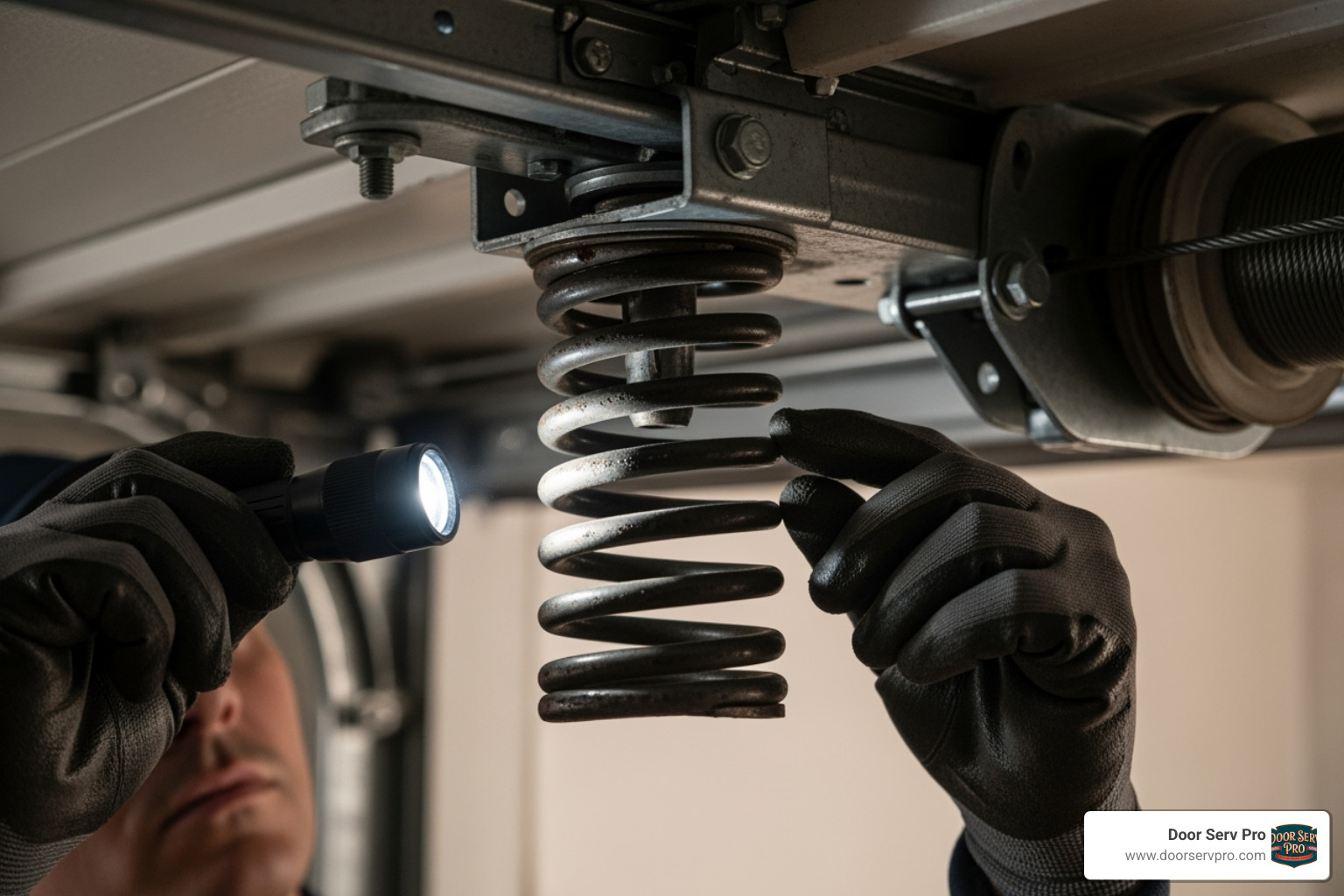 technician inspecting a garage door spring - residential garage door repair winchester va