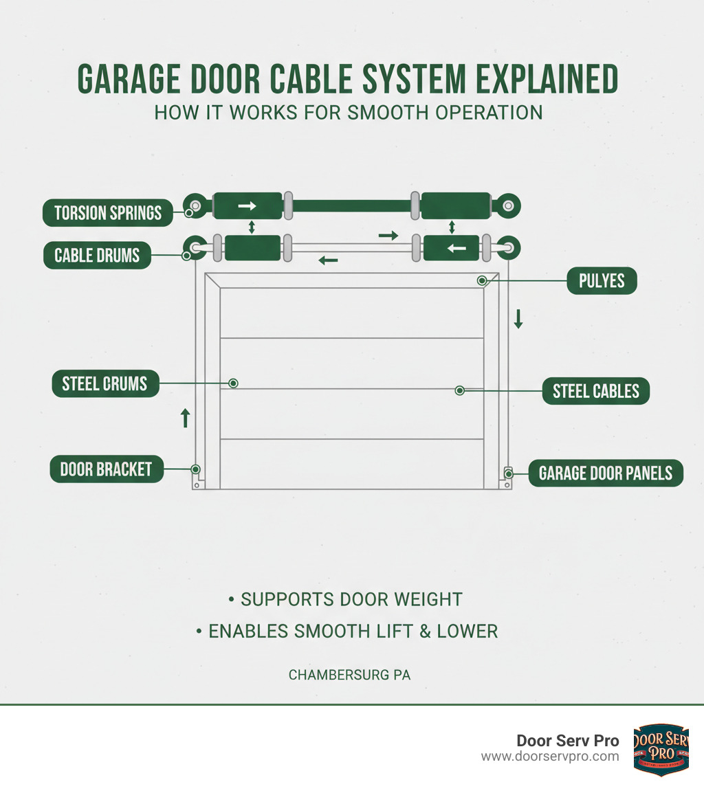 Detailed infographic showing garage door cable system with labeled components including torsion springs, cables, drums, and pulleys, illustrating how cables support door weight and enable smooth operation - broken cable repair chambersburg pa infographic 