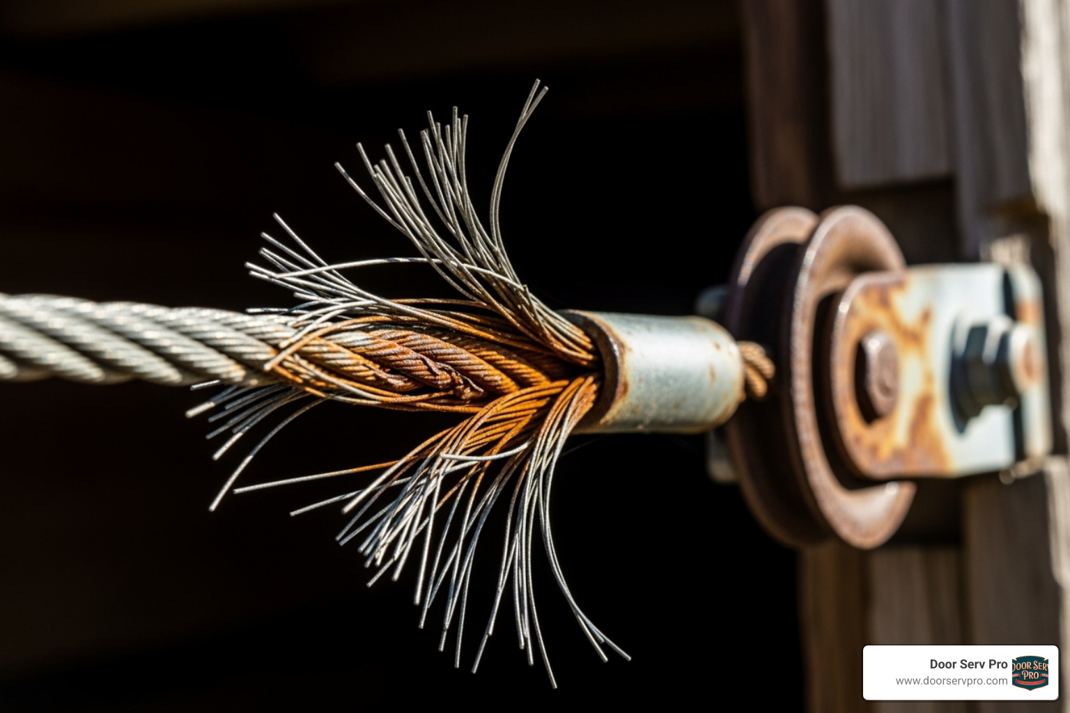 of a rusted and frayed garage door cable - broken cable repair chambersburg pa