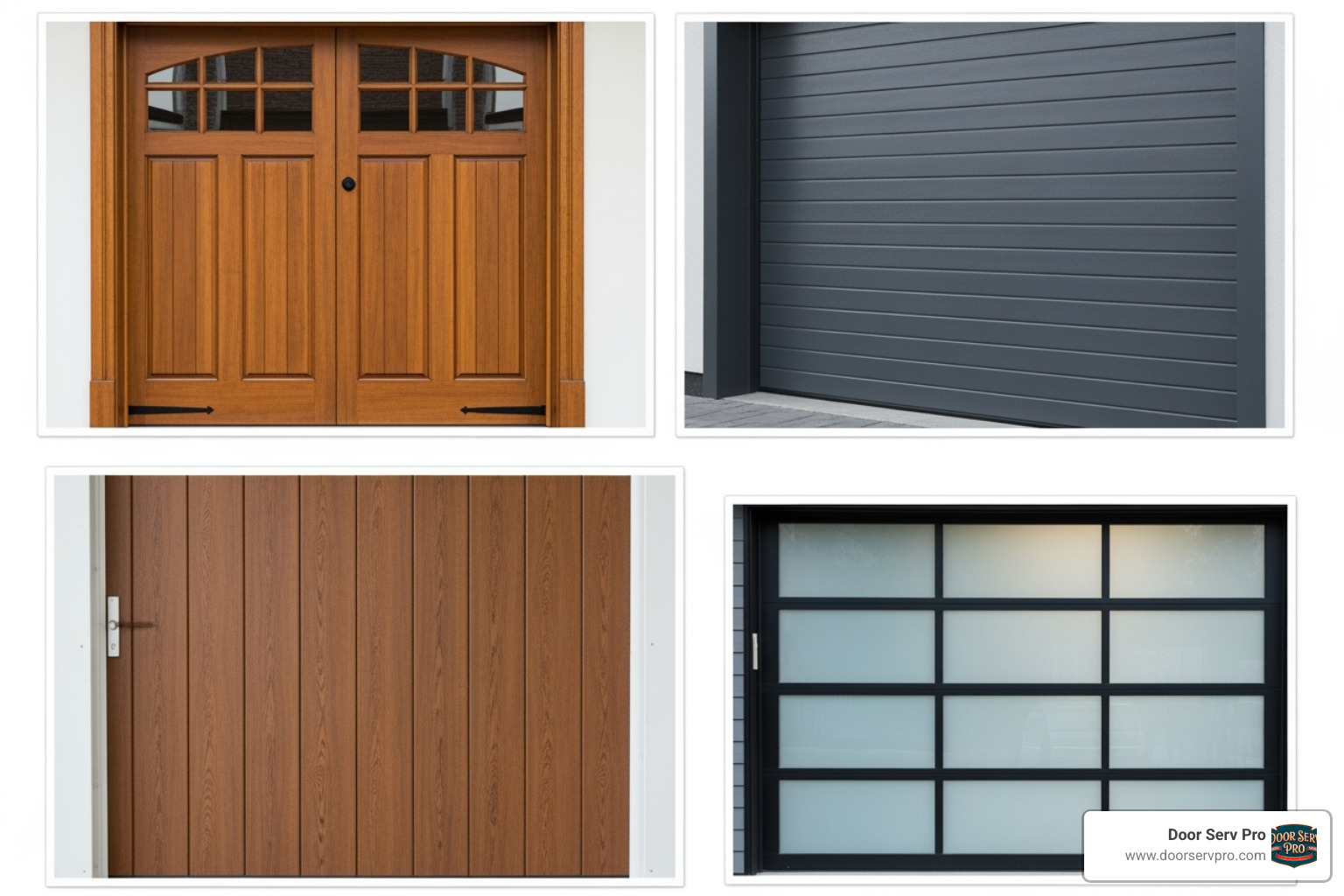 collage showing different garage door materials like wood, steel, composite, and modern glass. - custom garage door installation fort loudon wv