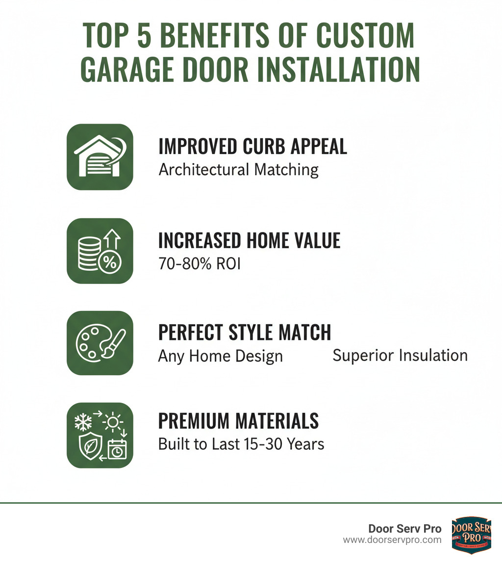 Infographic showing the top 5 benefits of custom garage door installation: 1) Improved curb appeal with architectural matching, 2) Increased home value with 70-80% ROI, 3) Perfect style match for any home design, 4) Improved energy efficiency with superior insulation, and 5) Premium materials built to last 15-30 years - custom garage door installation fort loudon wv infographic 