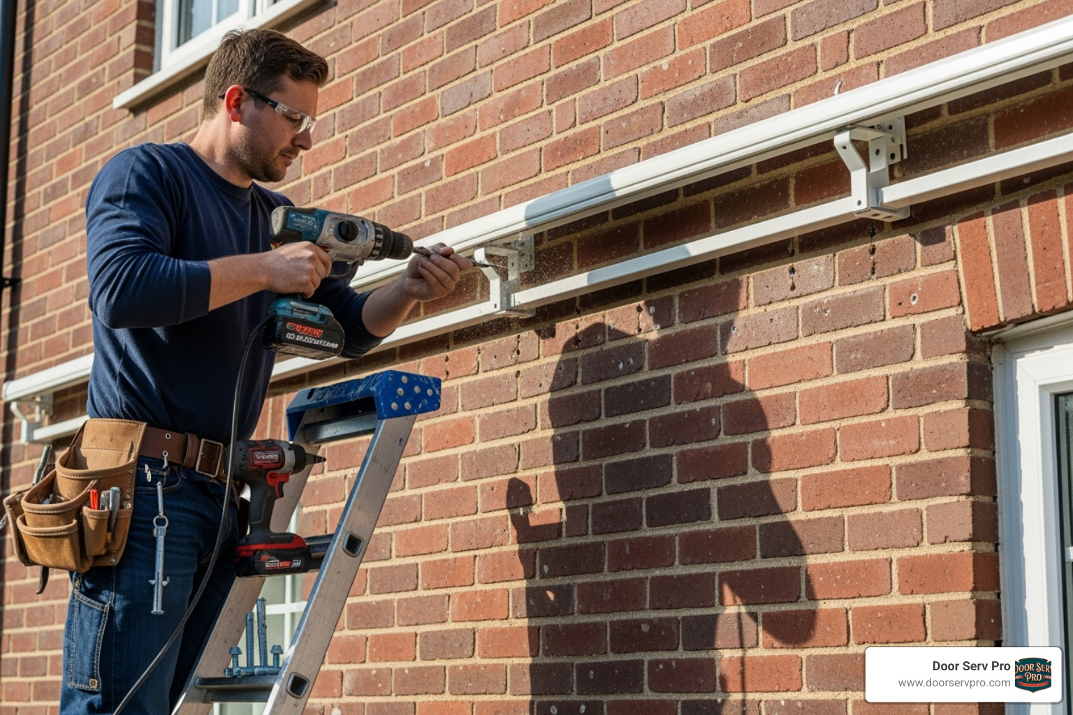 A professional installer securing an awning frame to a brick residential wall. - awning installation hagerstown md
