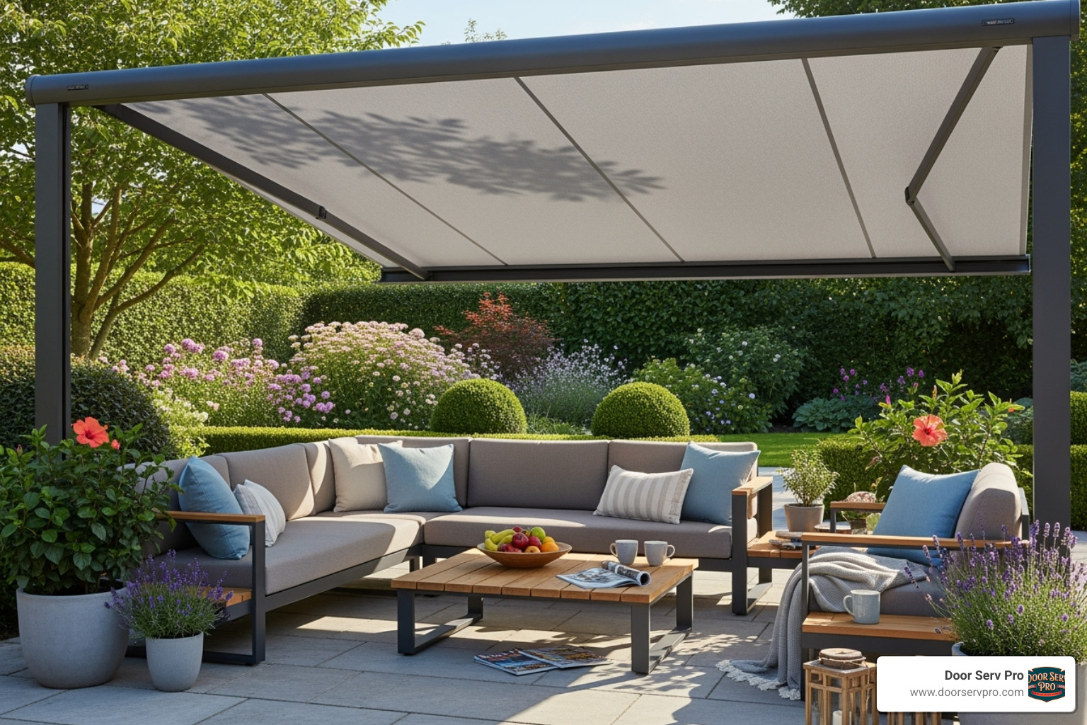 An inviting outdoor space with a comfortable seating area and a modern awning providing ample shade. - awning installation hagerstown md