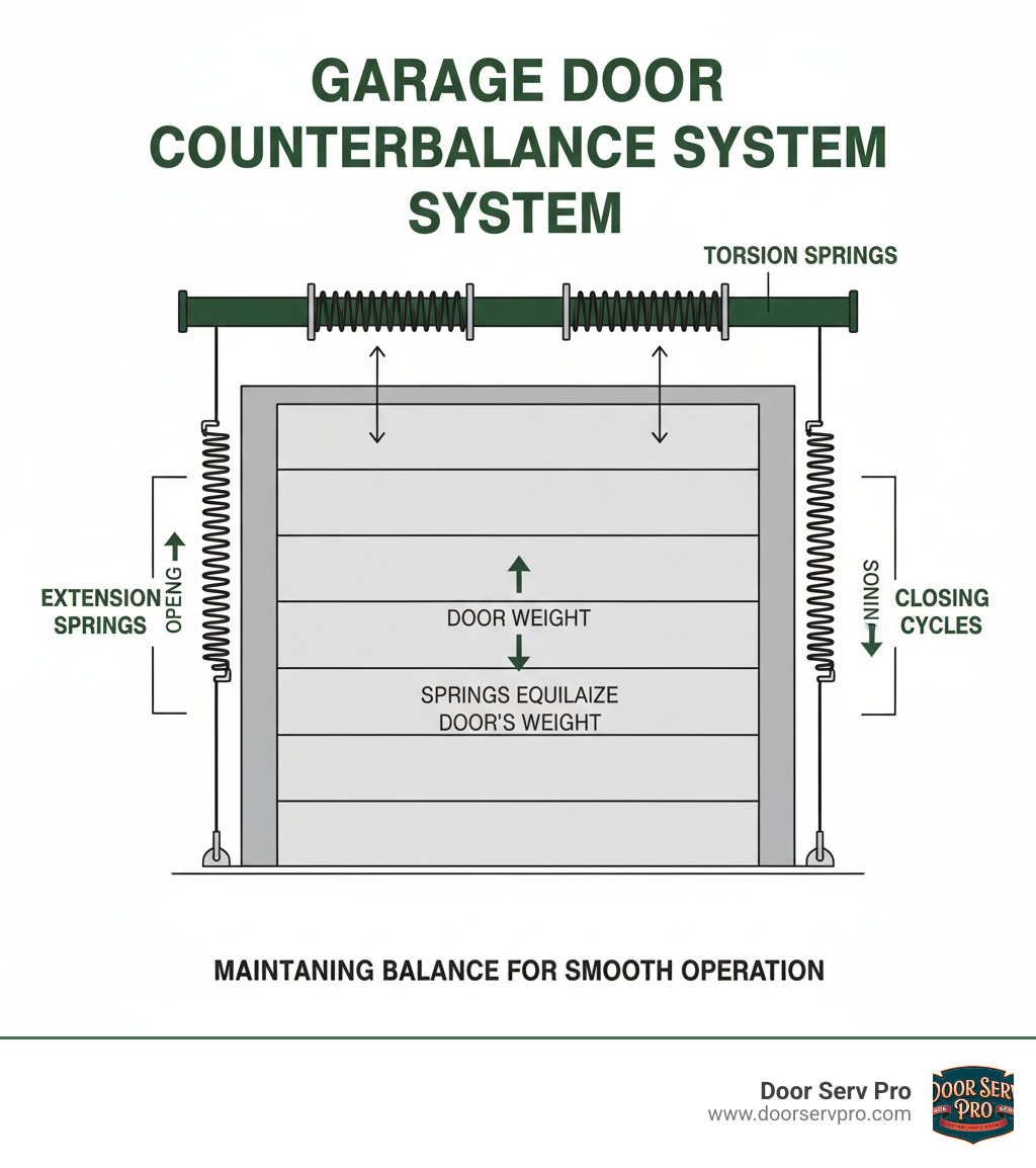 Infographic showing garage door spring counterbalance system with torsion springs mounted above the door and extension springs on the sides, illustrating how springs counterbalance the door's weight during opening and closing cycles - spring adjustment inwood wv infographic 