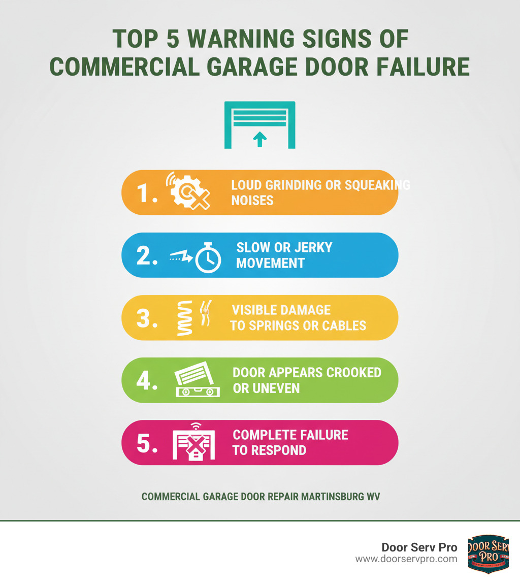 Infographic showing the top 5 warning signs of commercial garage door failure: loud grinding or squeaking noises during operation, slow or jerky movement when opening/closing, visible damage to springs or cables, door appears crooked or uneven, and complete failure to respond to opener commands - commercial garage door repair martinsburg wv infographic 