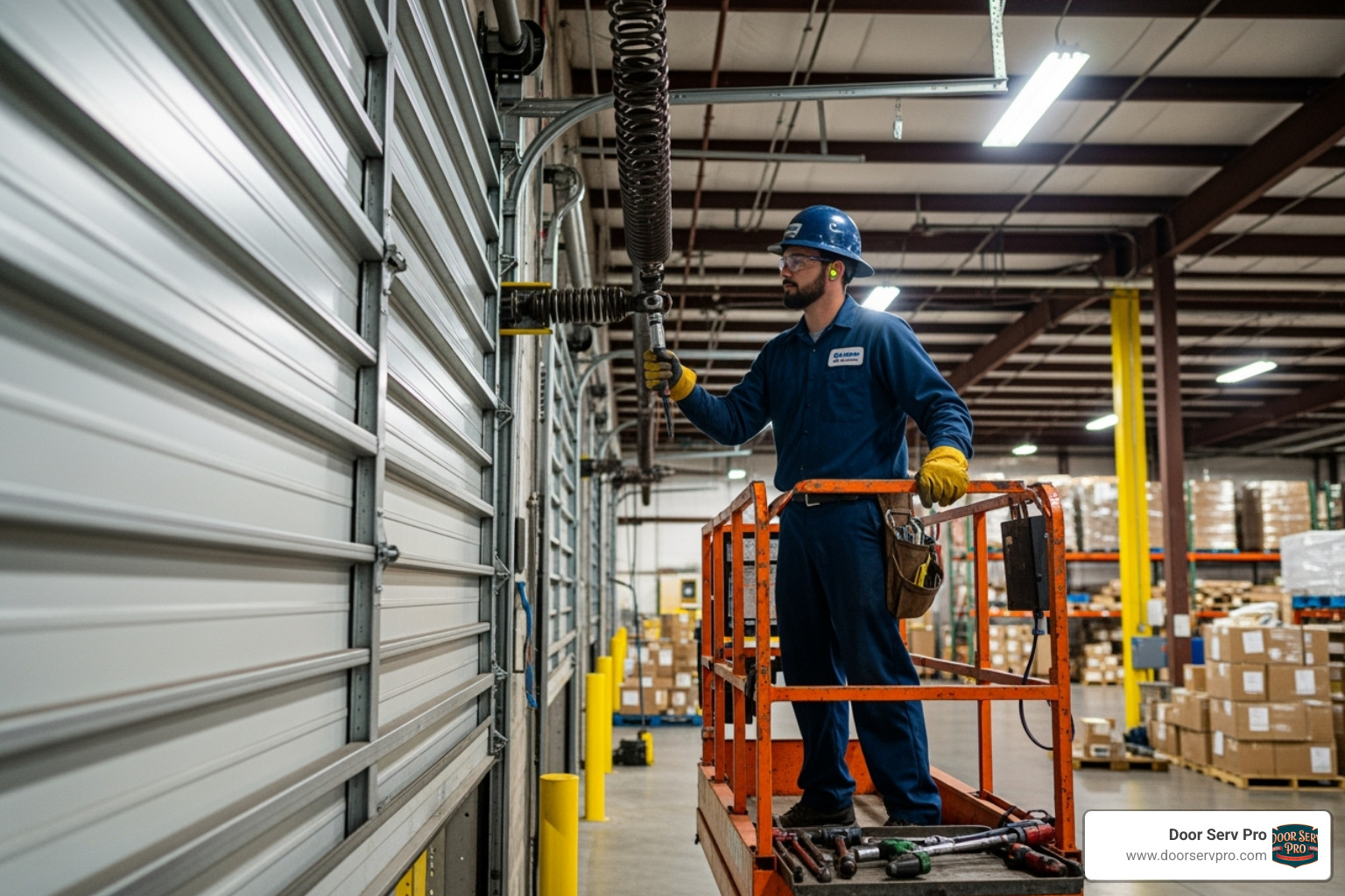 technician servicing a rolling steel door - commercial garage door repair martinsburg wv