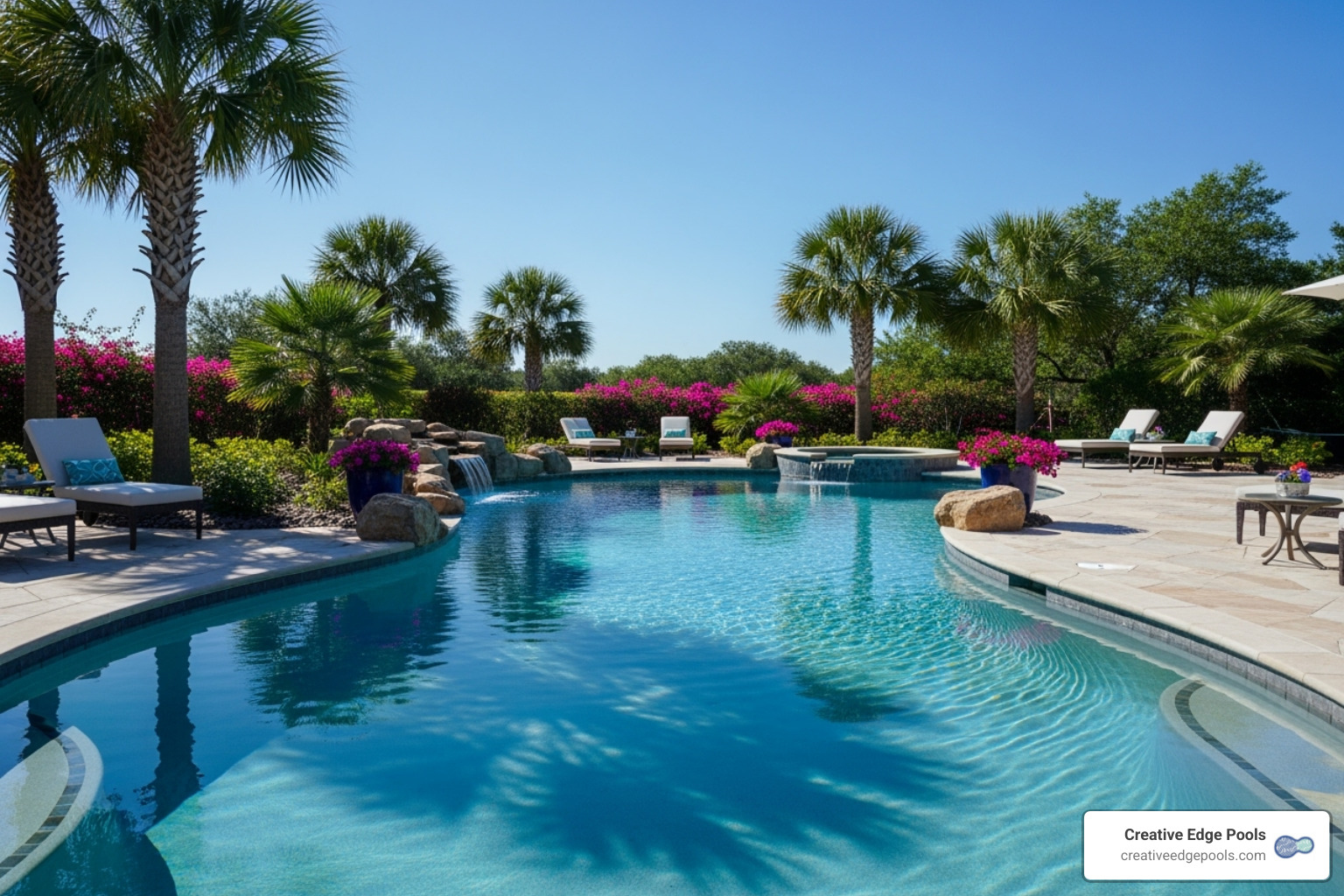 A beautiful gunite pool with pristine water, reflecting a clear blue sky - how much does new pool liner cost