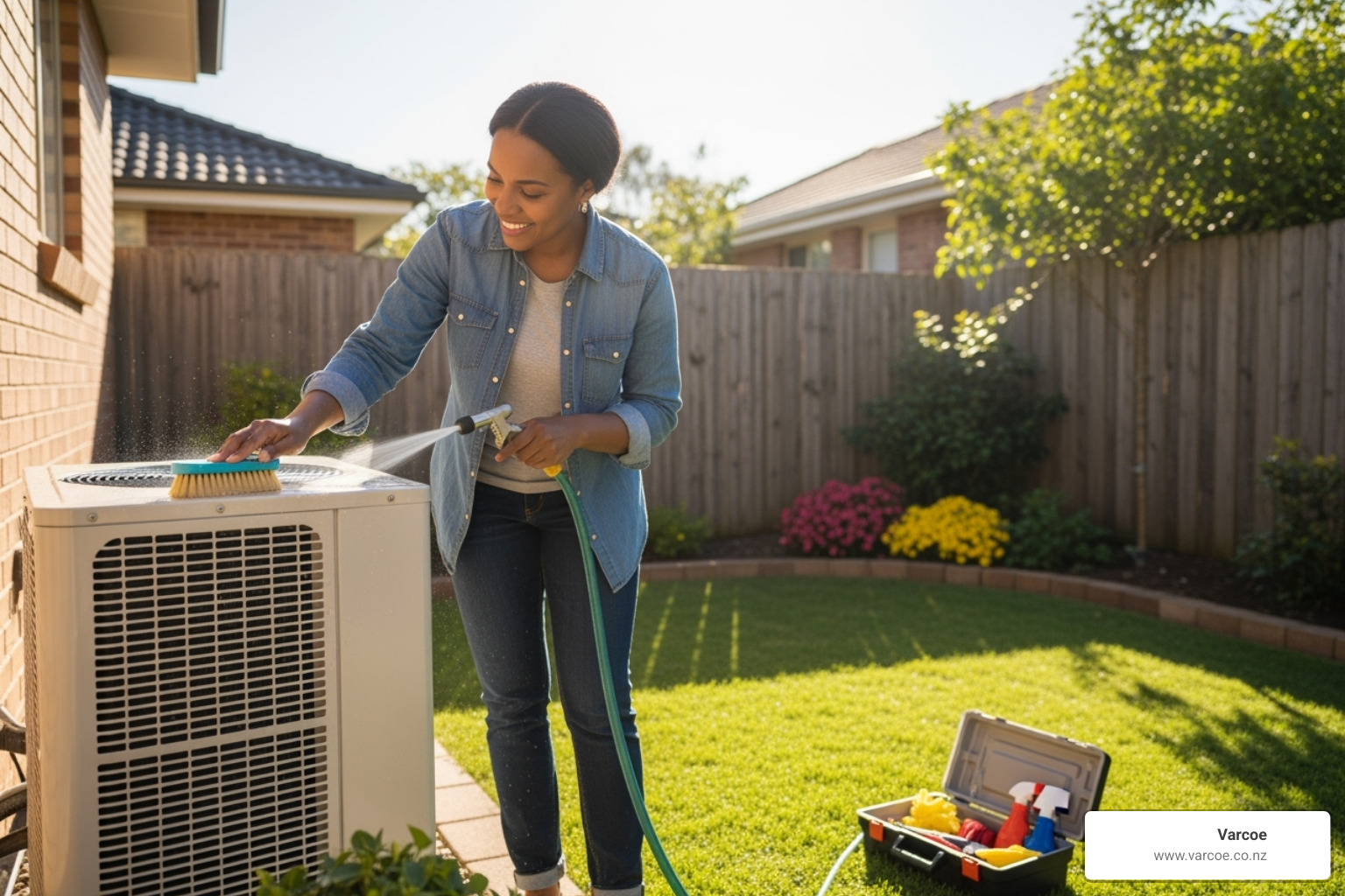 homeowner smiling while easily cleaning their heat pump's outdoor unit - heat pump maintenance schedule