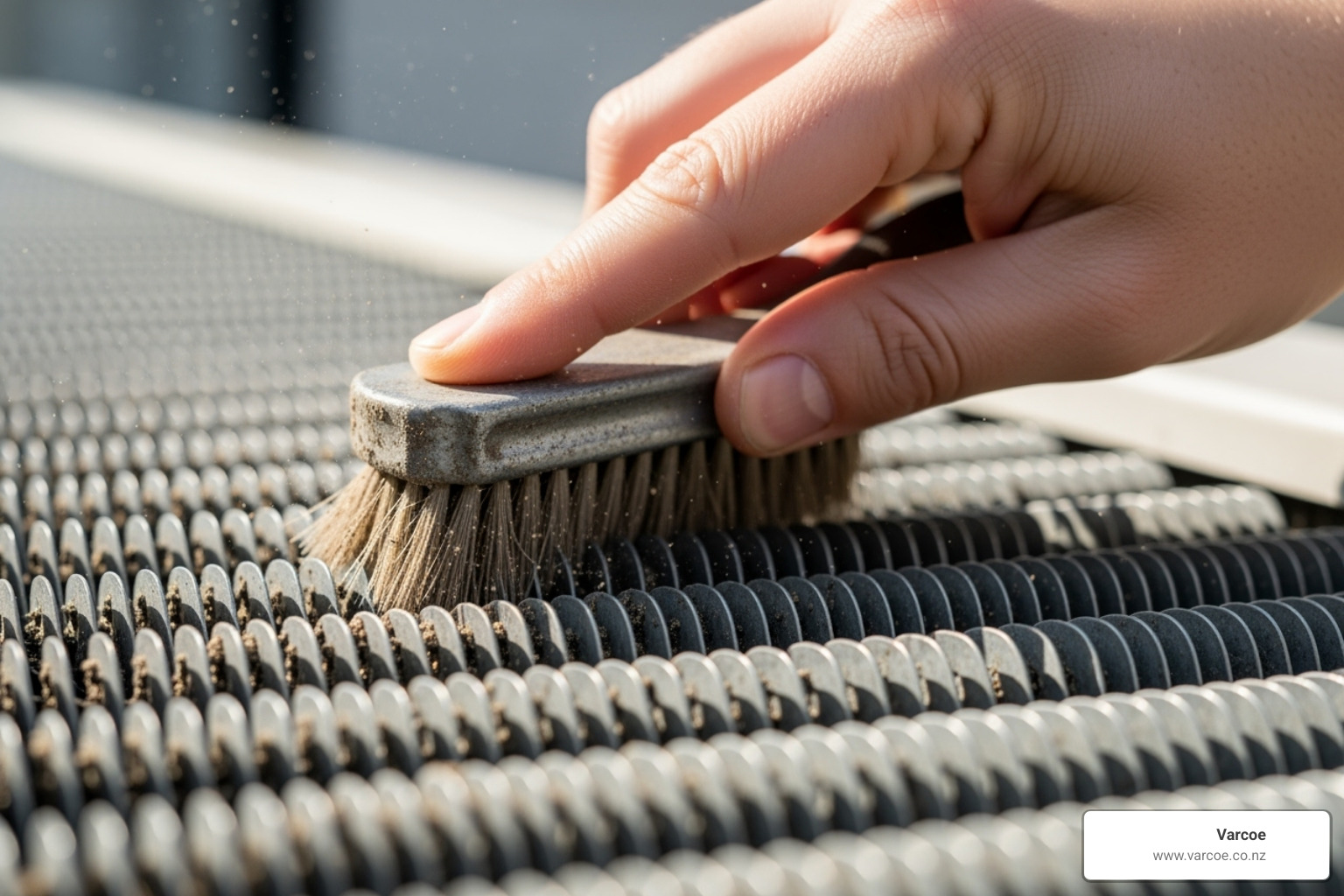 close-up on cleaning outdoor heat pump coils with a soft brush - heat pump maintenance schedule
