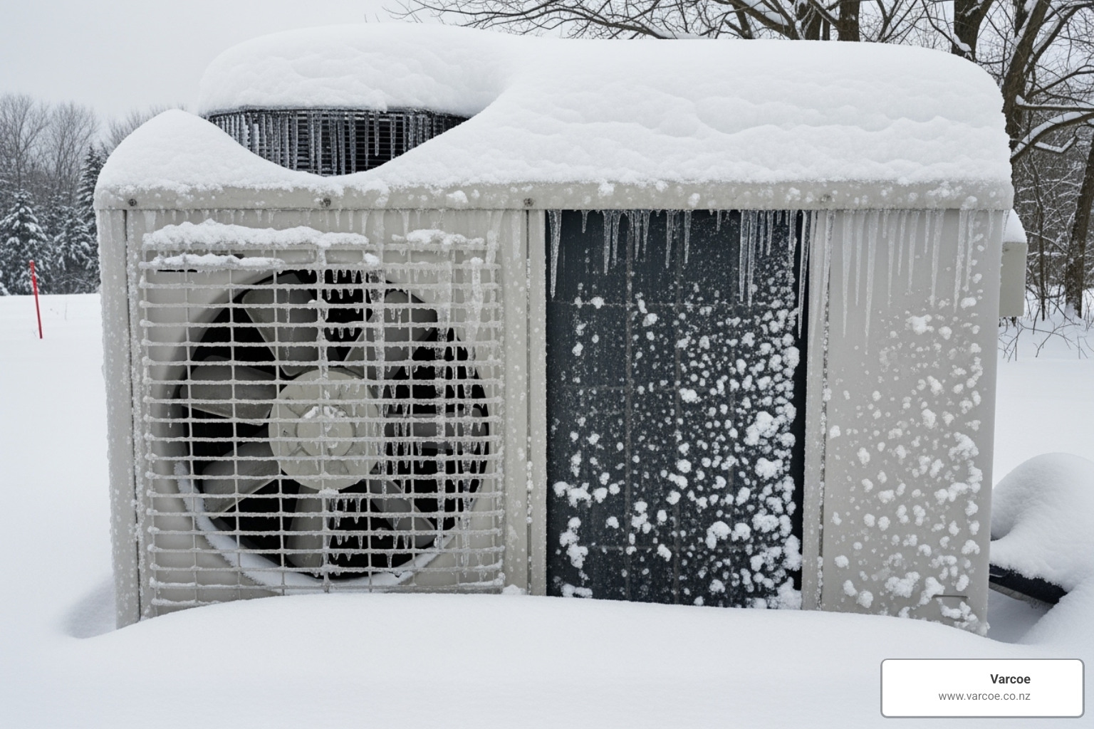 iced-over outdoor heat pump unit in winter - heat pump maintenance schedule