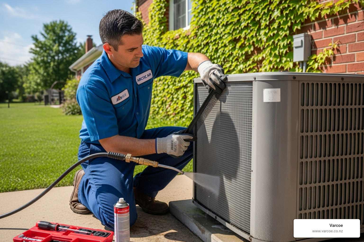 professional AC technician cleaning outdoor unit - air conditioning annual service