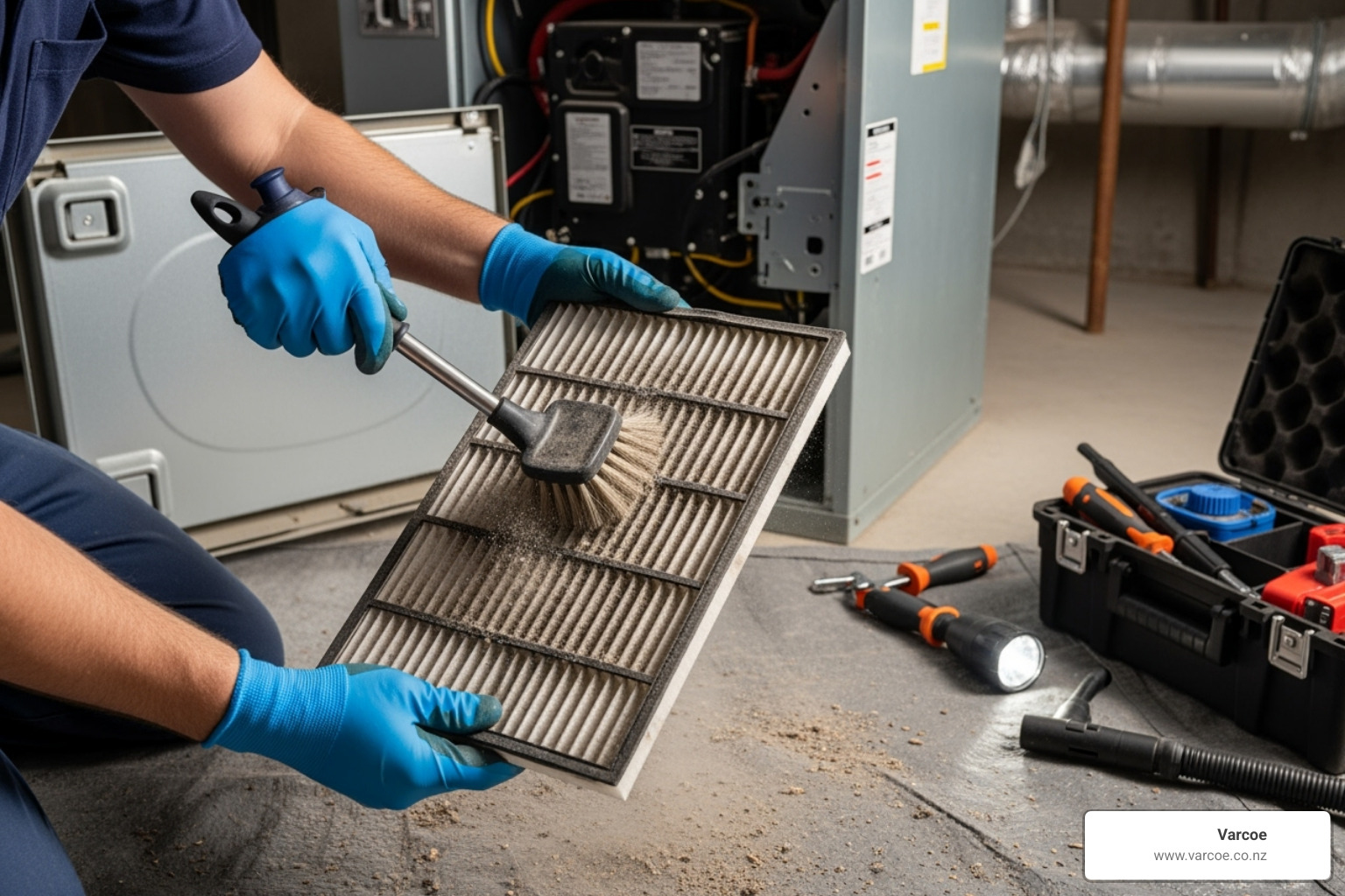 technician cleaning filter - HVAC installation Auckland