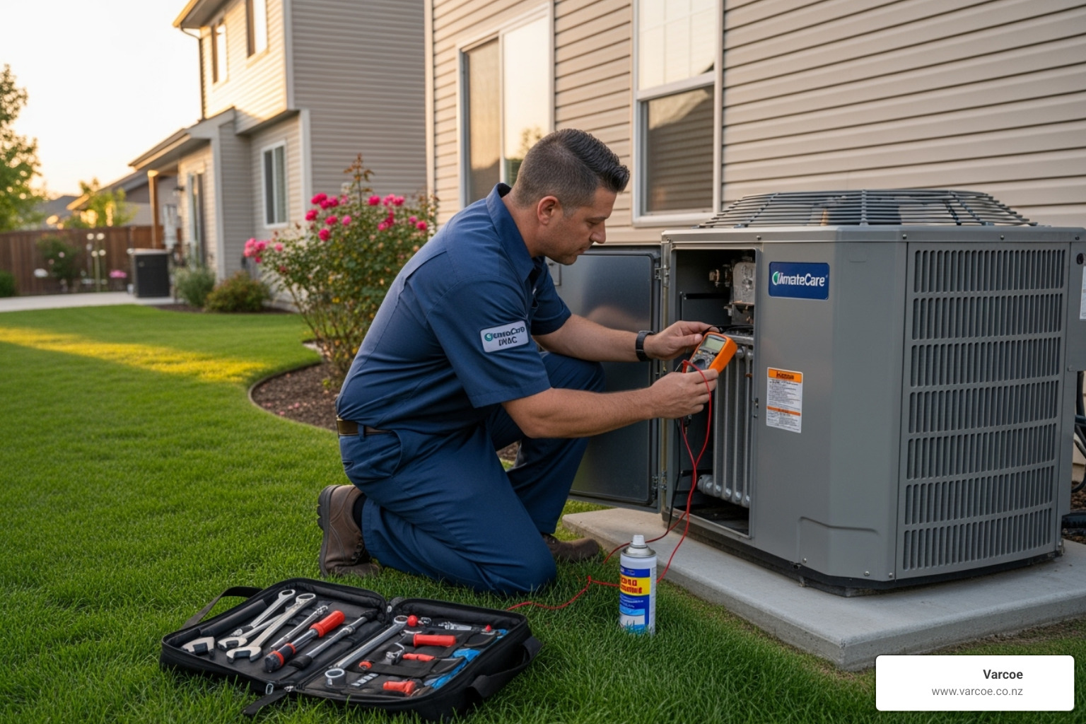 technician servicing an outdoor heat pump unit - air conditioning service