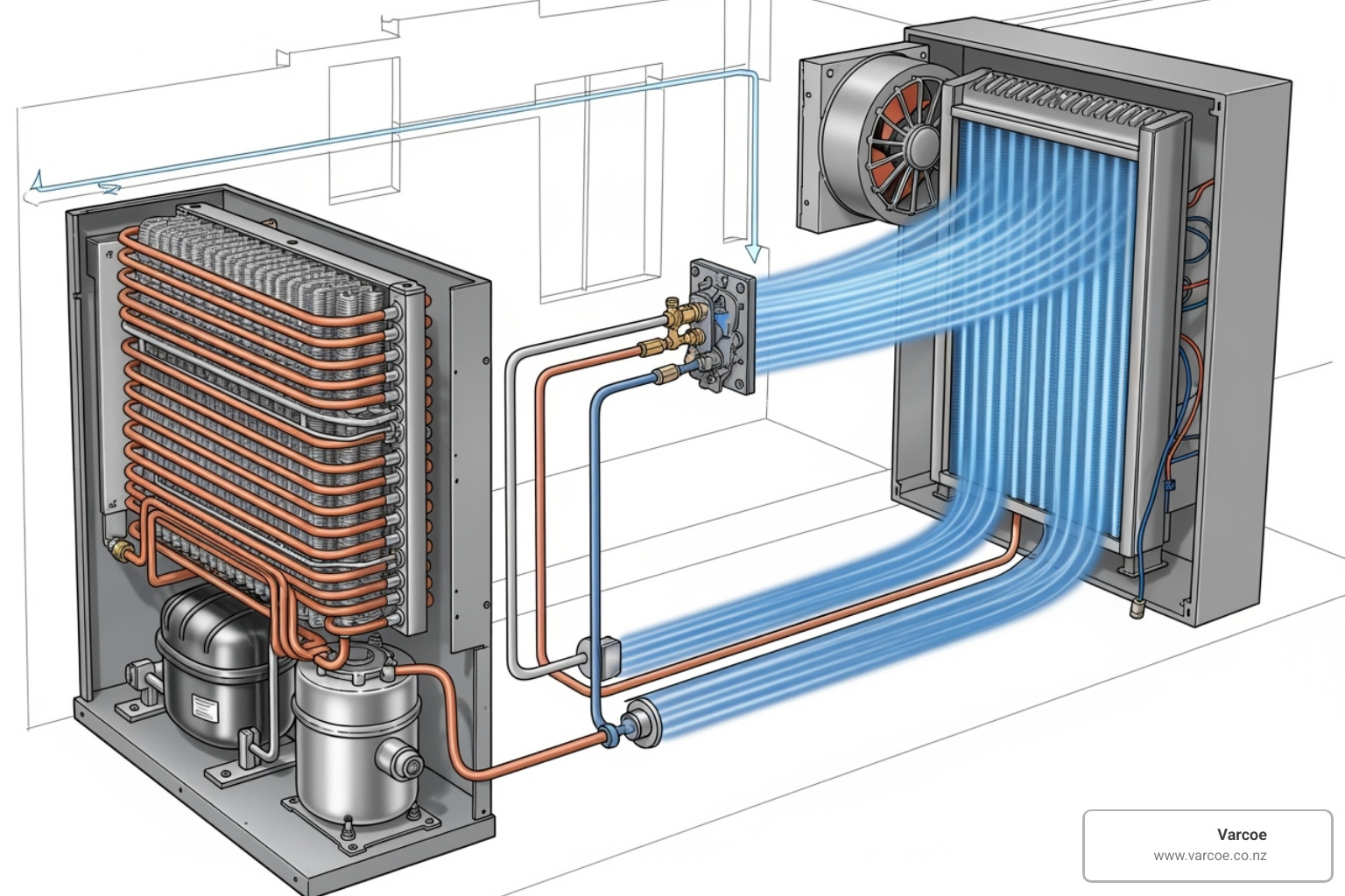 infographic explaining the basic cooling cycle of a heat pump/air conditioner - air conditioning service