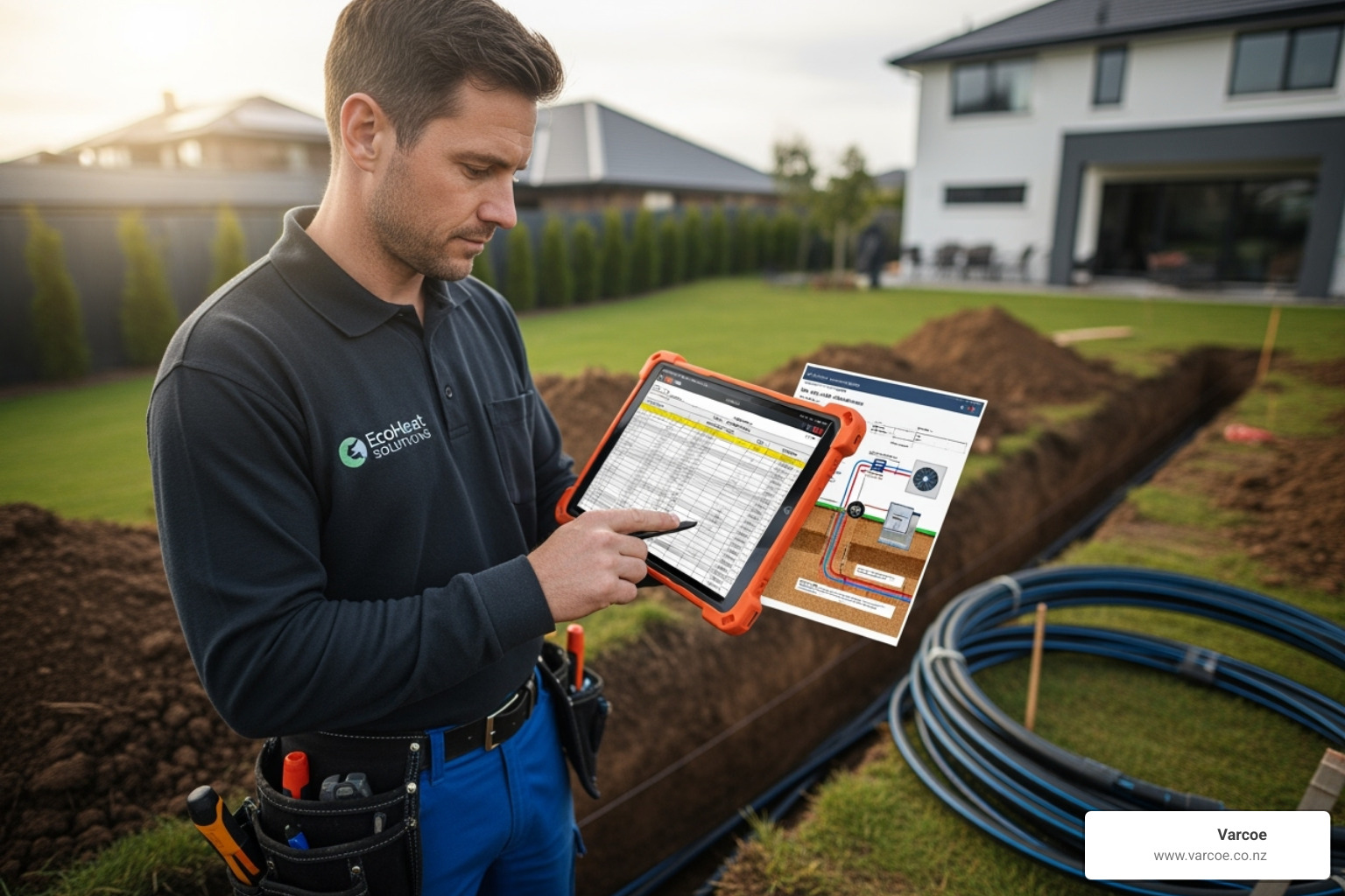 installer using tablet for calculations - ground source heat pump sizing calculator