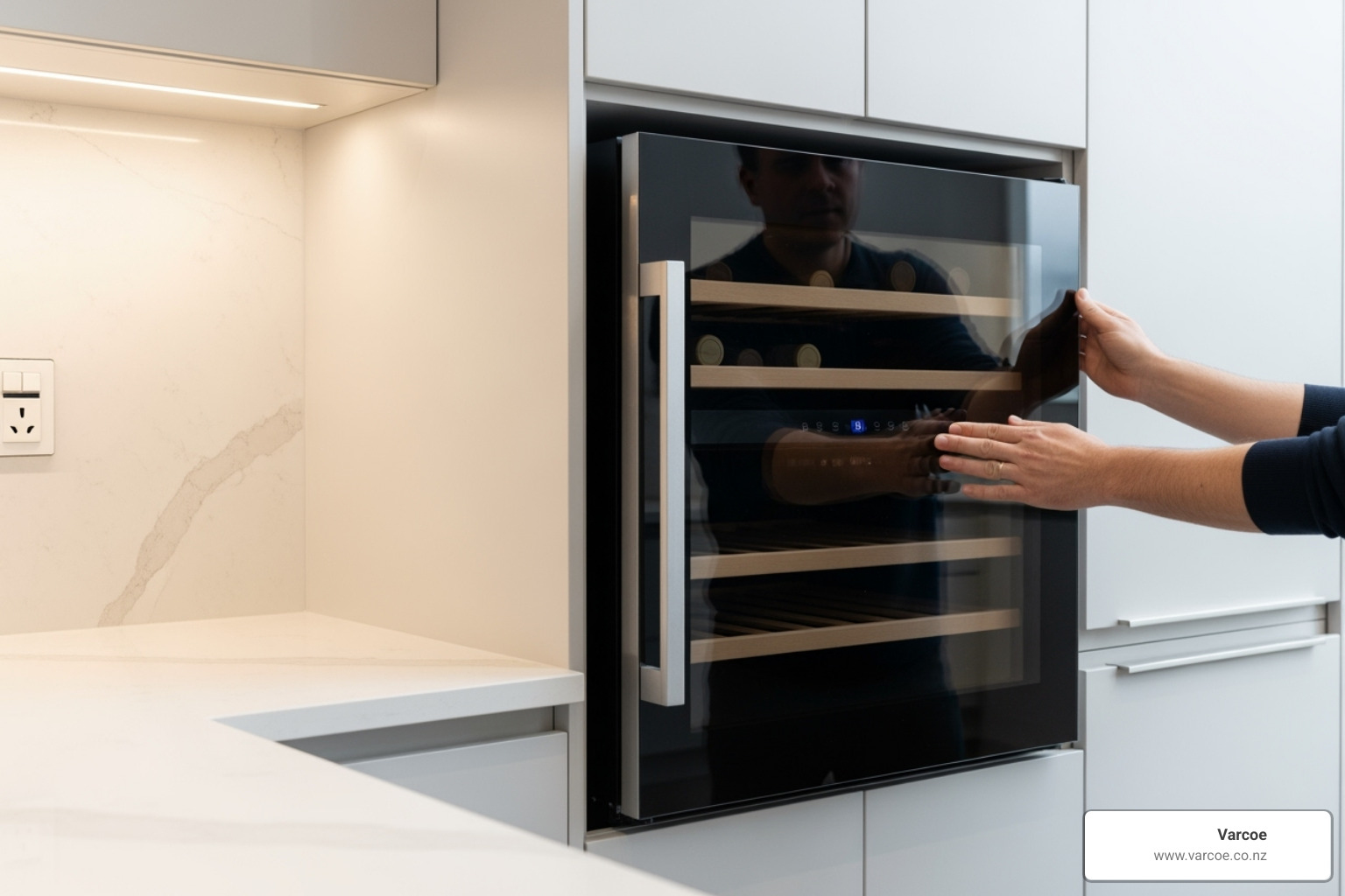 built-in wine cooler sliding into cabinet - installing a wine cooler