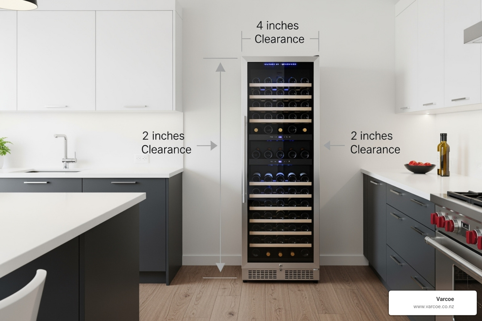 freestanding wine cooler with clearance arrows - installing a wine cooler
