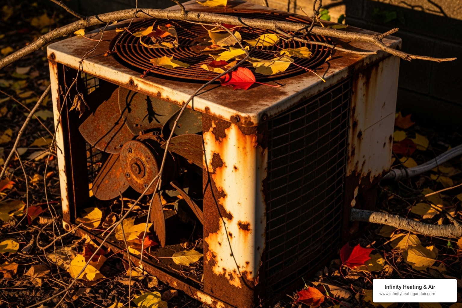 A broken-down, rusted outdoor AC unit covered in leaves and debris, symbolizing neglect. - ac maintenance puyallup
