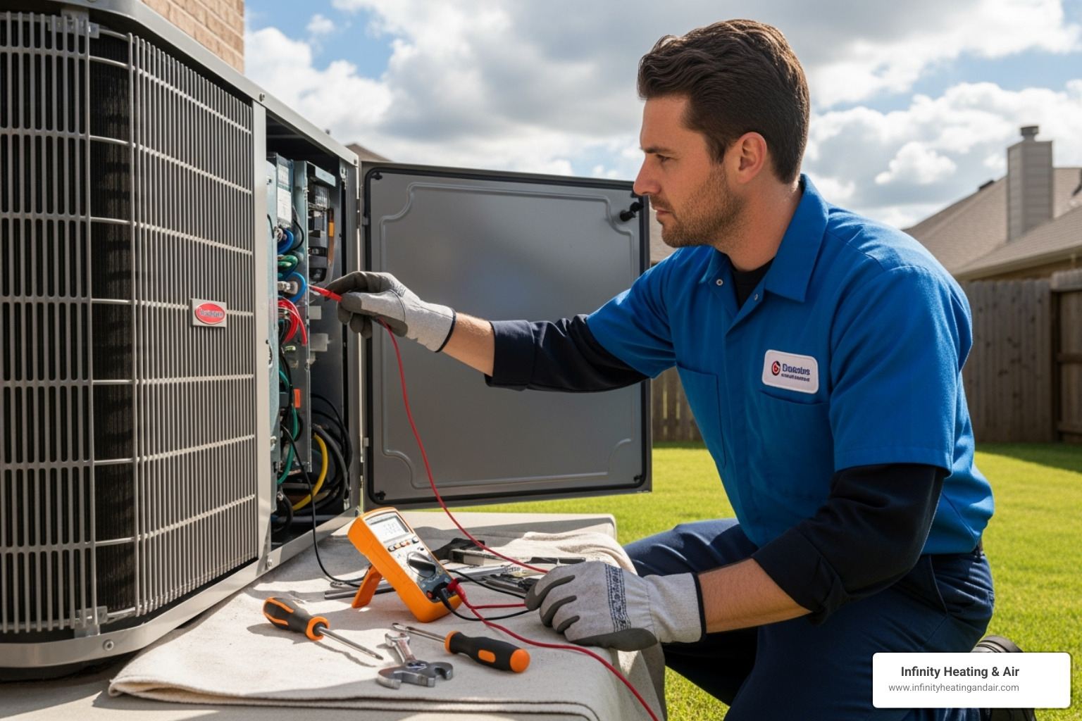 A professional technician servicing an outdoor AC unit, carefully checking components. - ac maintenance puyallup