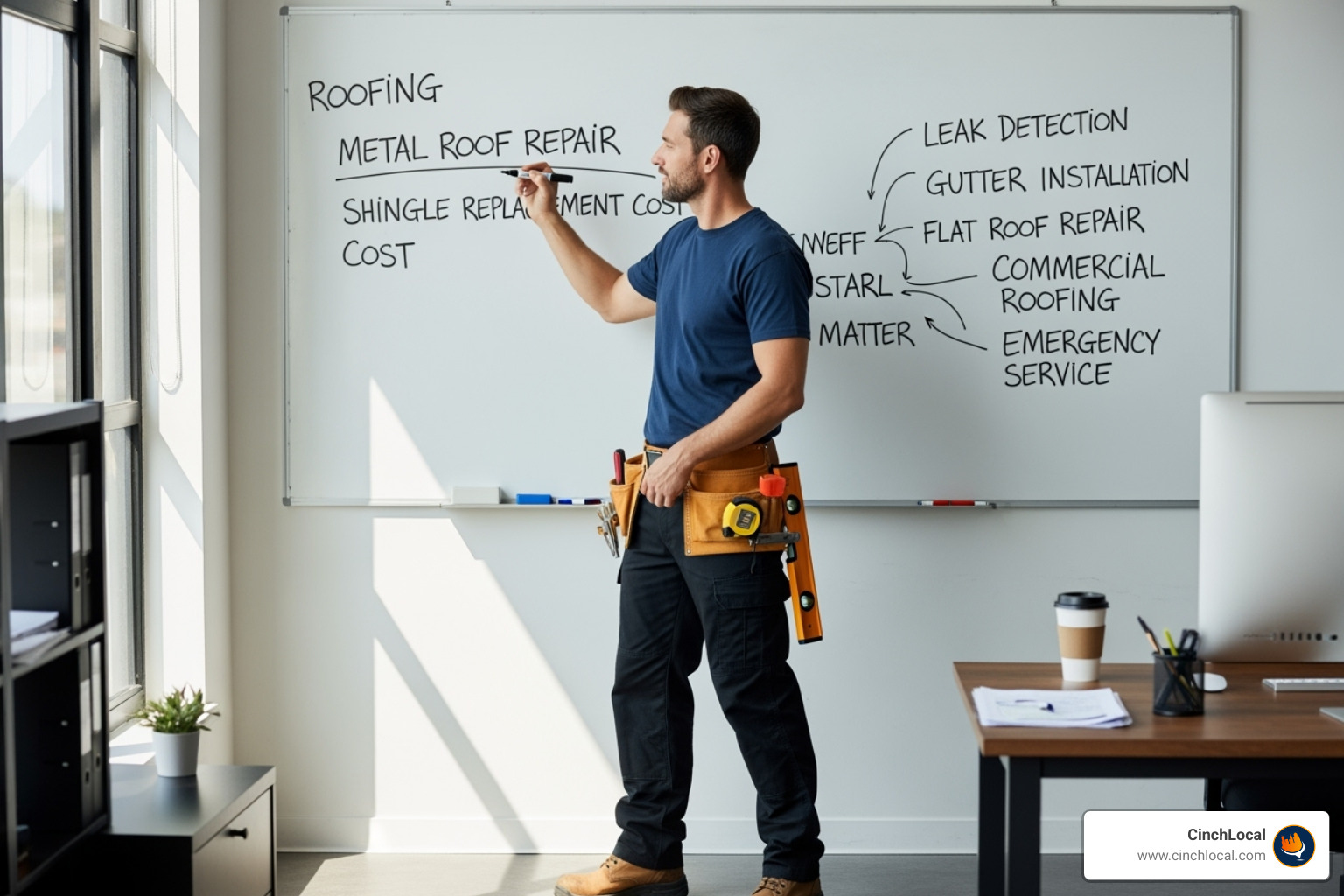 A roofer planning content on a whiteboard with keywords like 