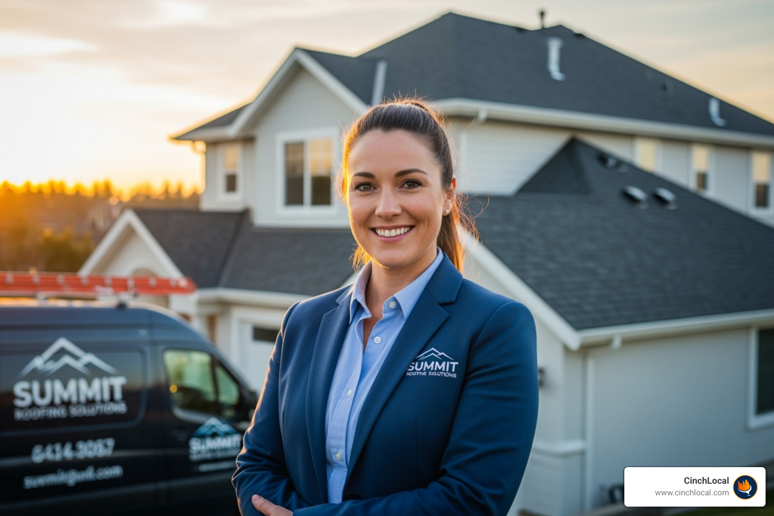 A successful roofing business owner smiling, with a graphic overlay of a #1 ranking on Google - SEO for roofers