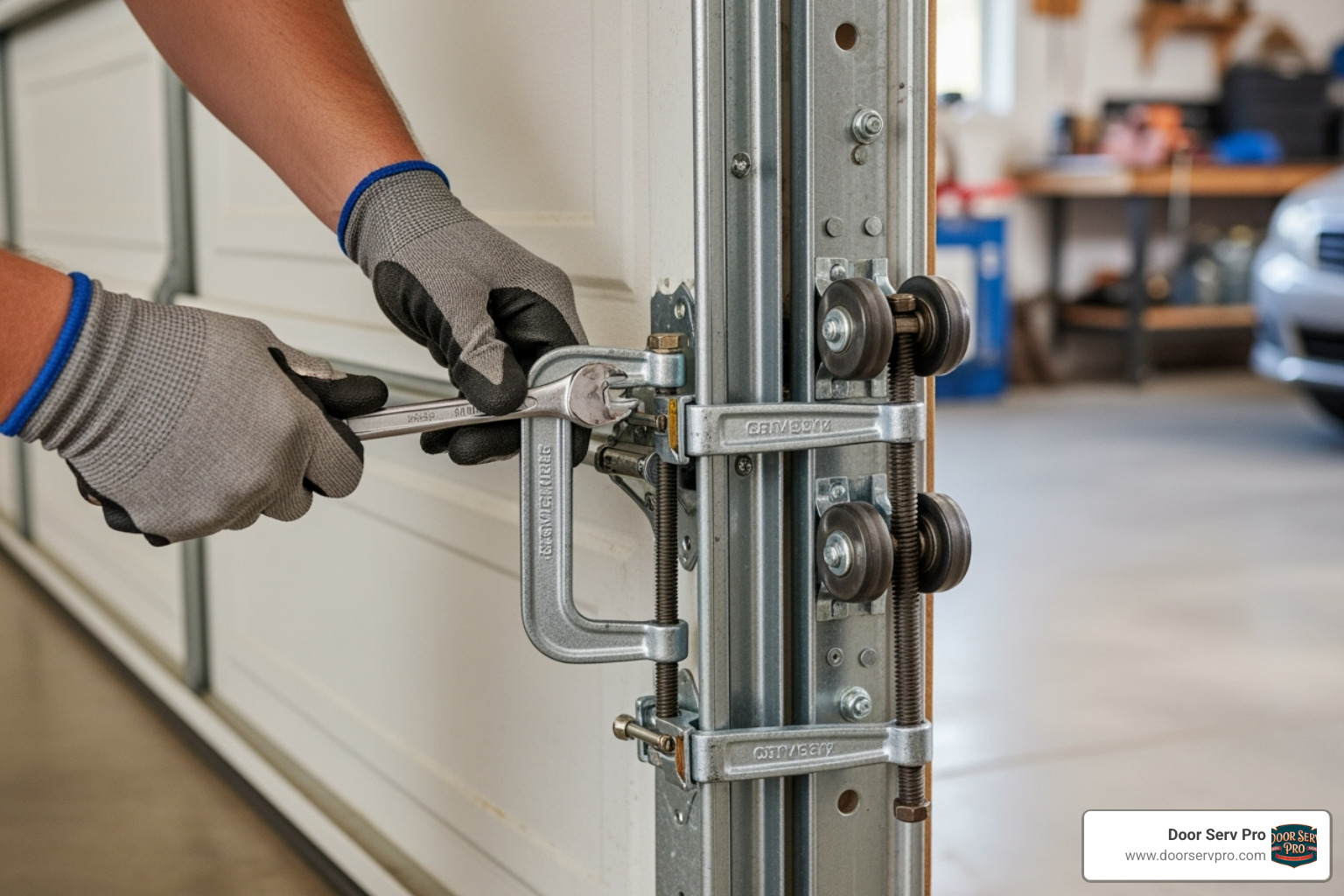 Technician safely securing a garage door with clamps before beginning repair work - cable snapping repair chambersburg pa