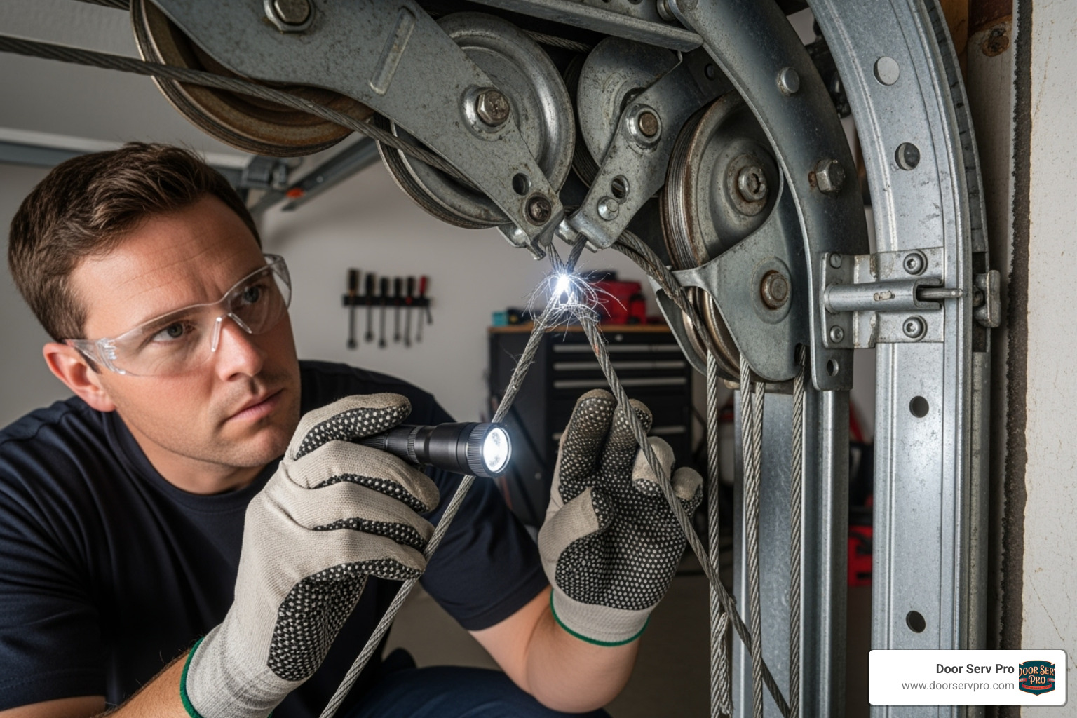 Technician inspecting garage door cables and pulleys for wear and tear - cable snapping repair chambersburg pa