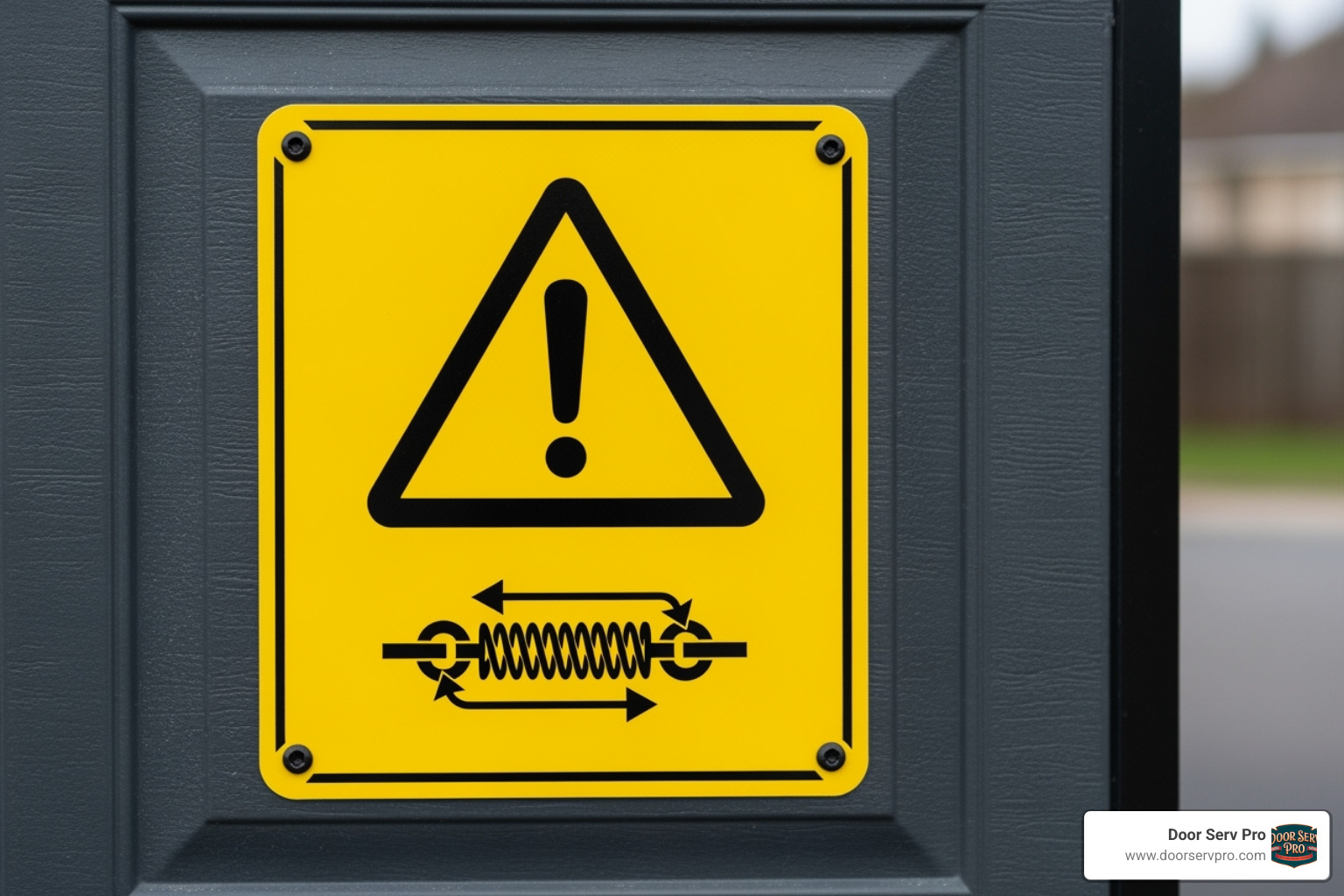 Warning sign on a garage door indicating high spring tension and danger - cable snapping repair chambersburg pa
