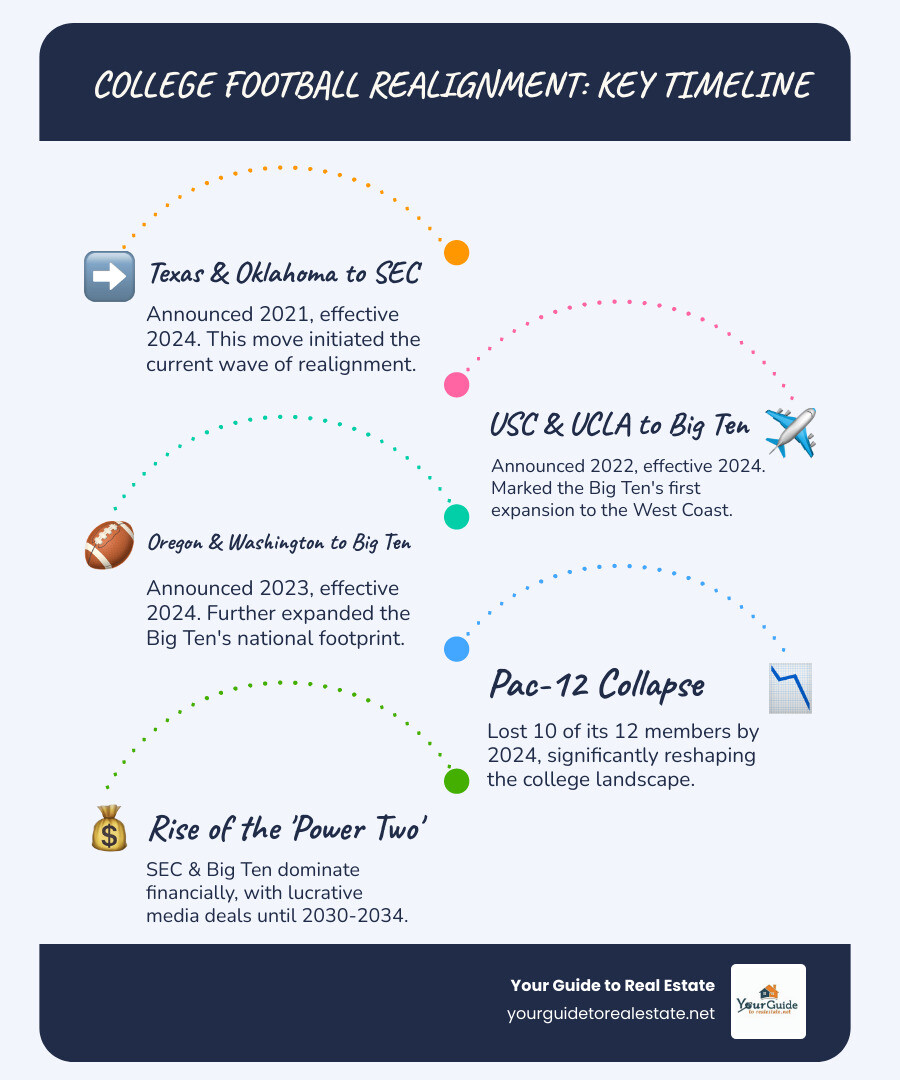 Timeline showing major conference moves from 2021-2026, including Texas/Oklahoma to SEC, USC/UCLA to Big Ten, Pac-12 collapse, and formation of super conferences with revenue comparisons - college football realignment infographic infographic-line-5-steps-blues-accent_colors