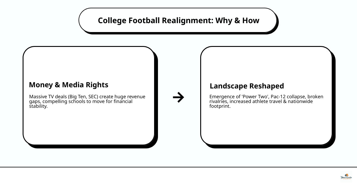 Timeline infographic showing major college football conference moves from 2021-2024, including Texas and Oklahoma to SEC, USC and UCLA to Big Ten, Pac-12 collapse, and the formation of new conference alignments with revenue figures for each major media deal - college football conference realignment infographic cause_effect_text