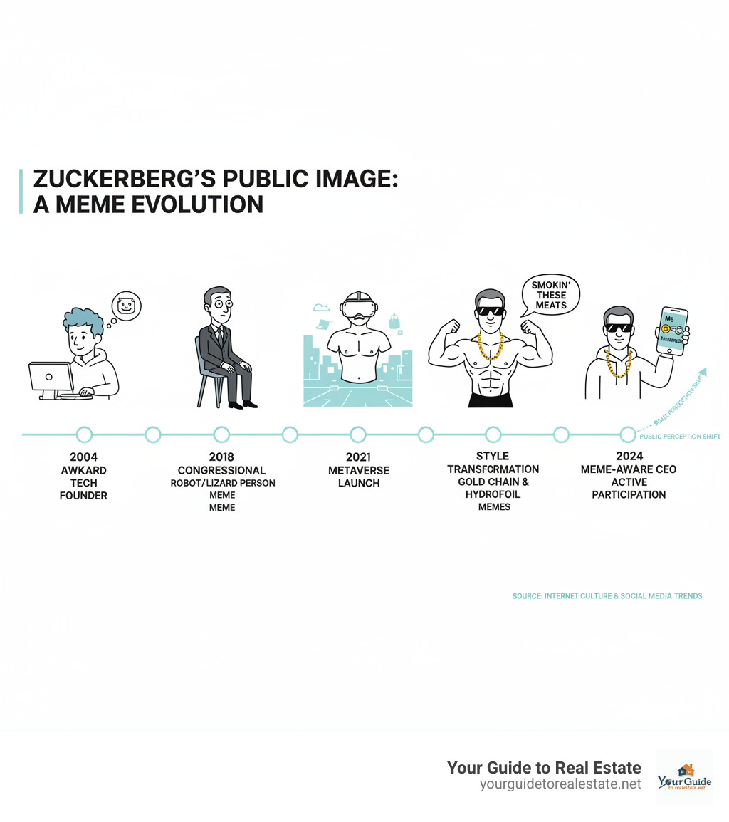Timeline of Mark Zuckerberg's public image evolution from awkward tech founder in 2004 to meme-aware CEO in 2024, showing key meme moments including congressional hearings, metaverse launch, and recent style change with corresponding viral meme formats and public perception shifts - mark zuckerberg memes infographic 