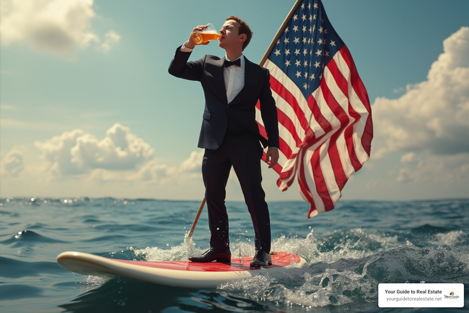 Mark Zuckerberg on a surfboard holding an American flag - mark zuckerberg memes