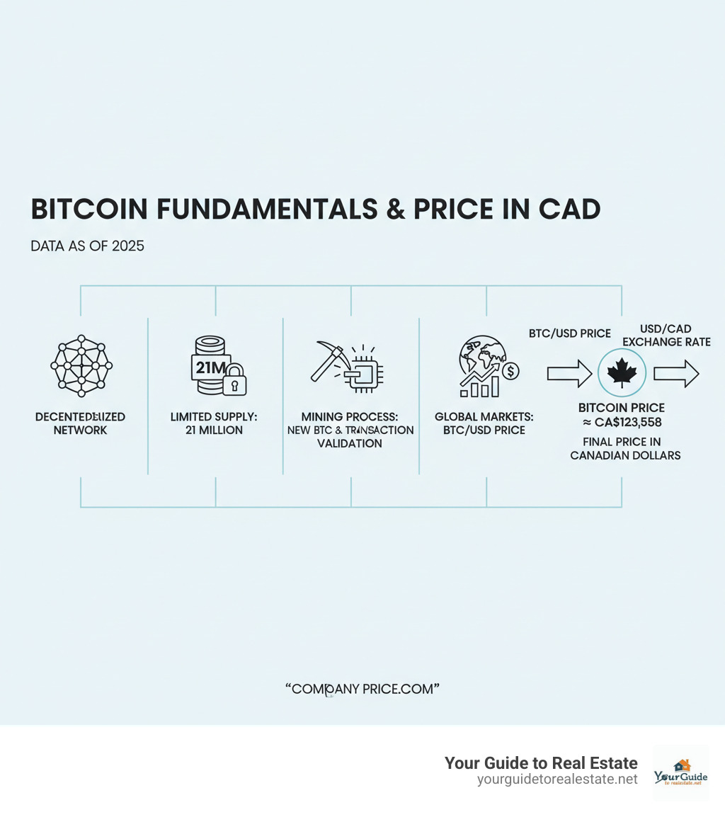 Comprehensive infographic showing Bitcoin fundamentals including its decentralized network structure, limited 21 million coin supply, mining process, price determination through global markets, and how BTC/USD price combines with USD/CAD exchange rate to create the final Bitcoin price in Canadian dollars - bitcoin price cad infographic 